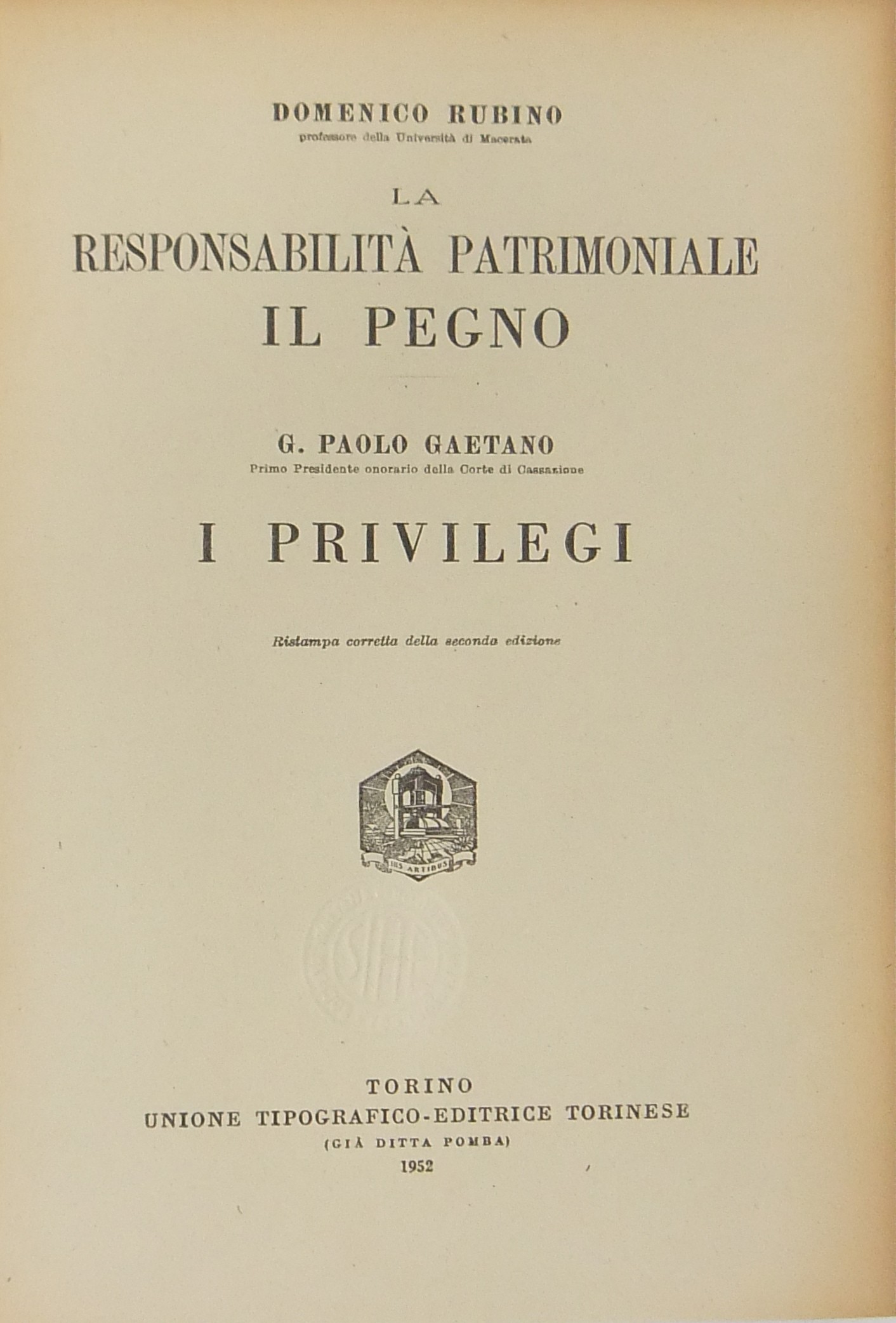La responsabilità patrimoniale. Il pegno (Rubino).