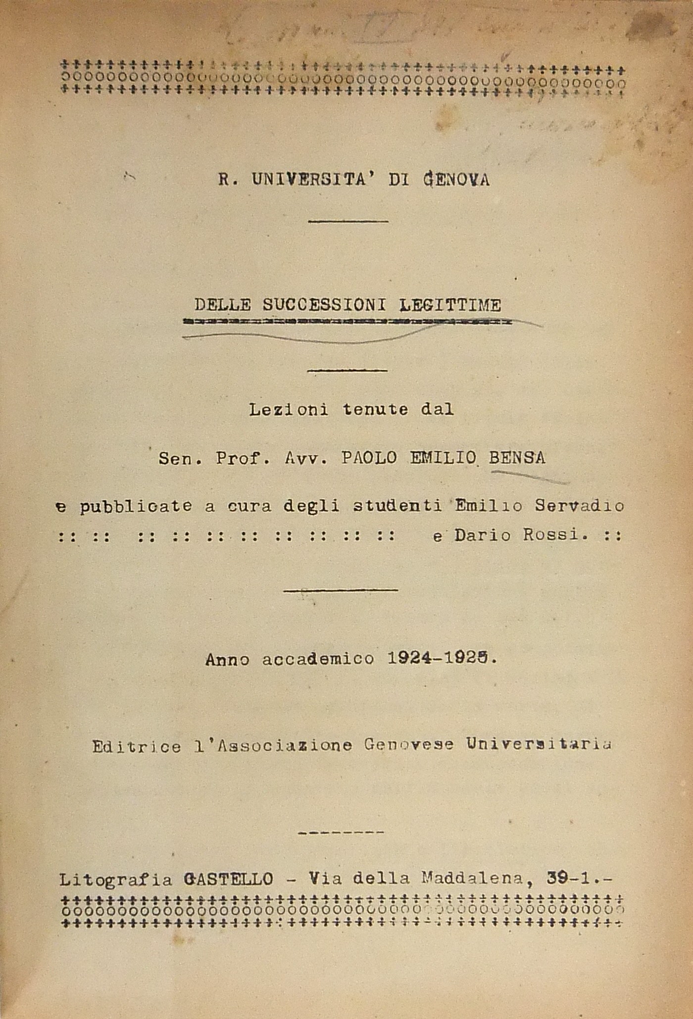 Delle successioni legittime. Lezioni pubblicate a