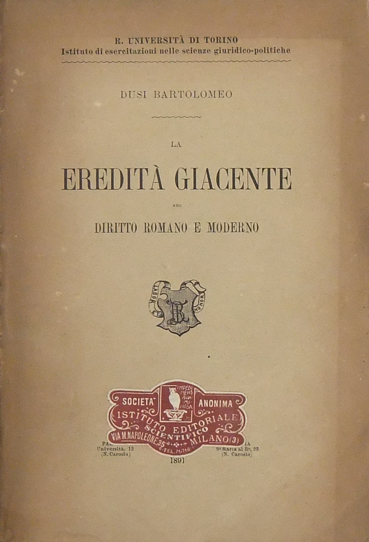 La eredità giacente nel diritto romano e moderno