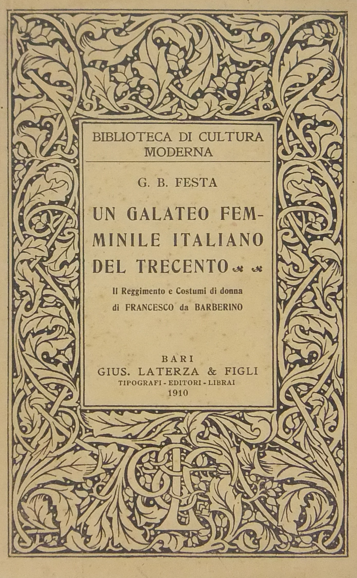 Un galateo femminile italiano del Trecento. (Il Re