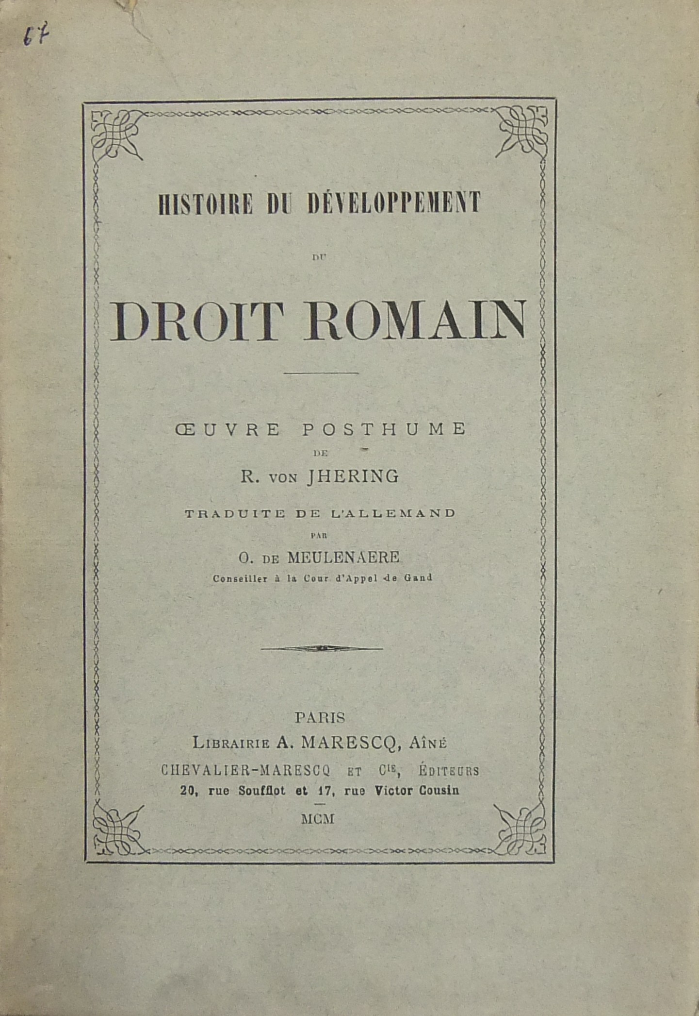 Histoire du developpement du droit romain. Oeuvre