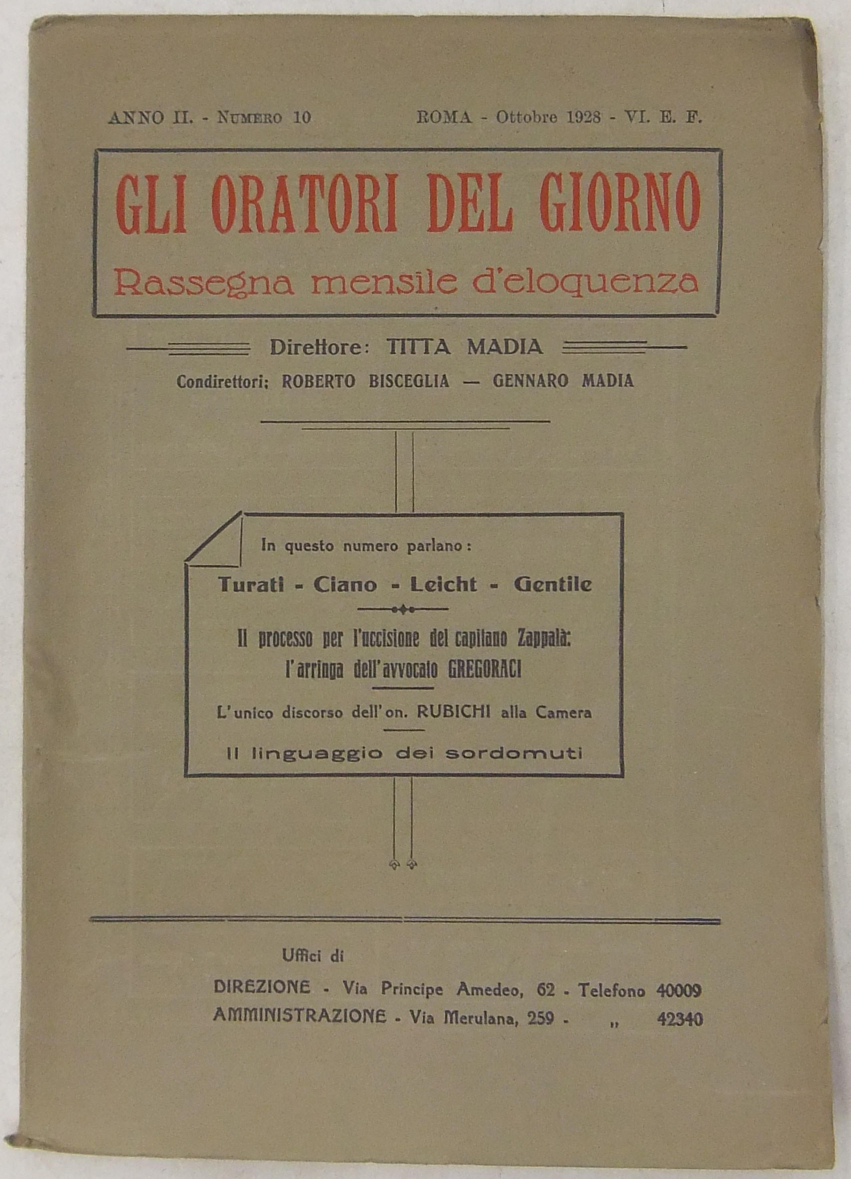 Gli oratori del giorno. Rassegna mensile d'eloquenza. Anno II Numero 10. Ottobre 1928. 