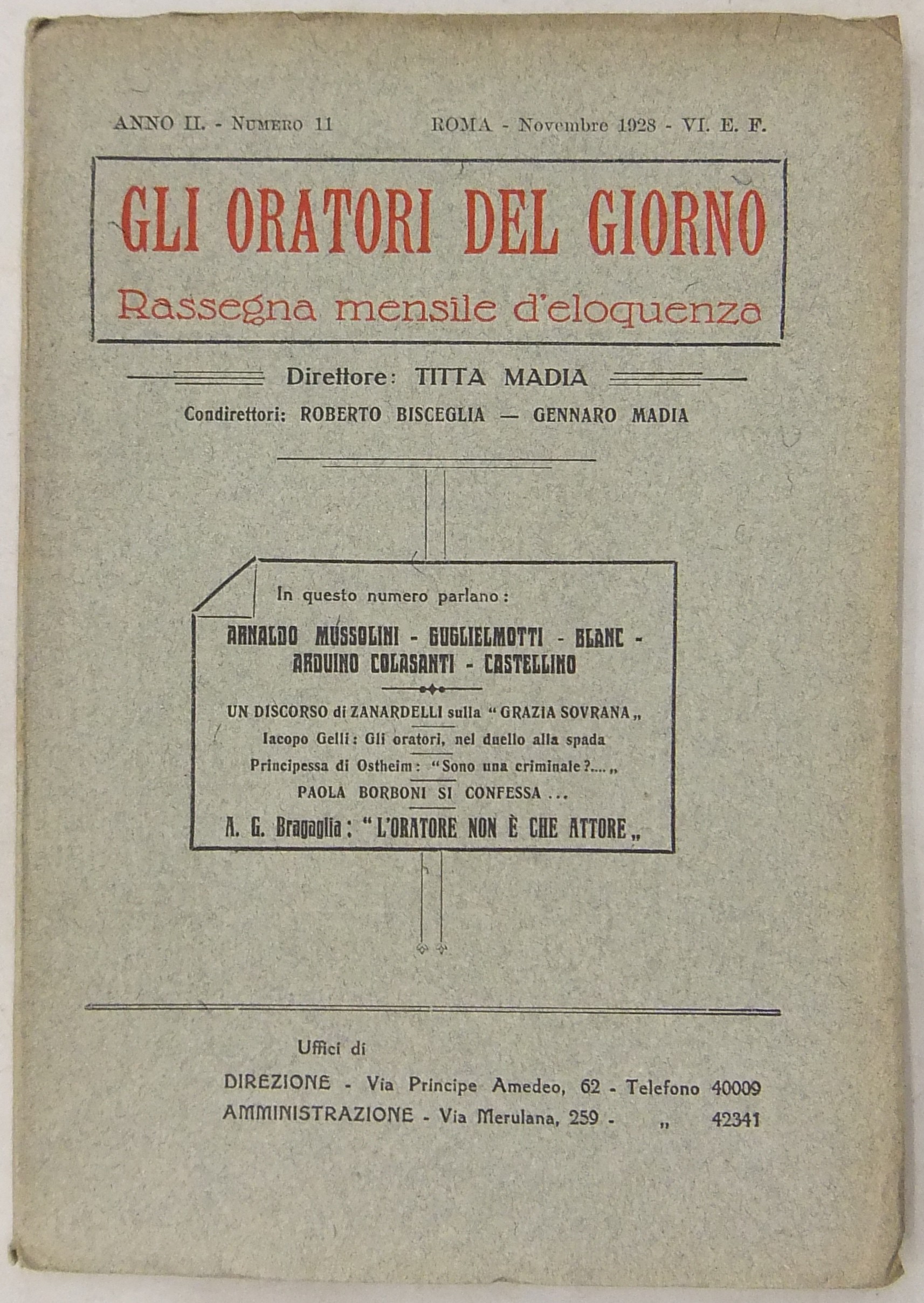Gli oratori del giorno. Rassegna mensile d'eloquenza. Anno II Numero 11. Novembre 1928. 
