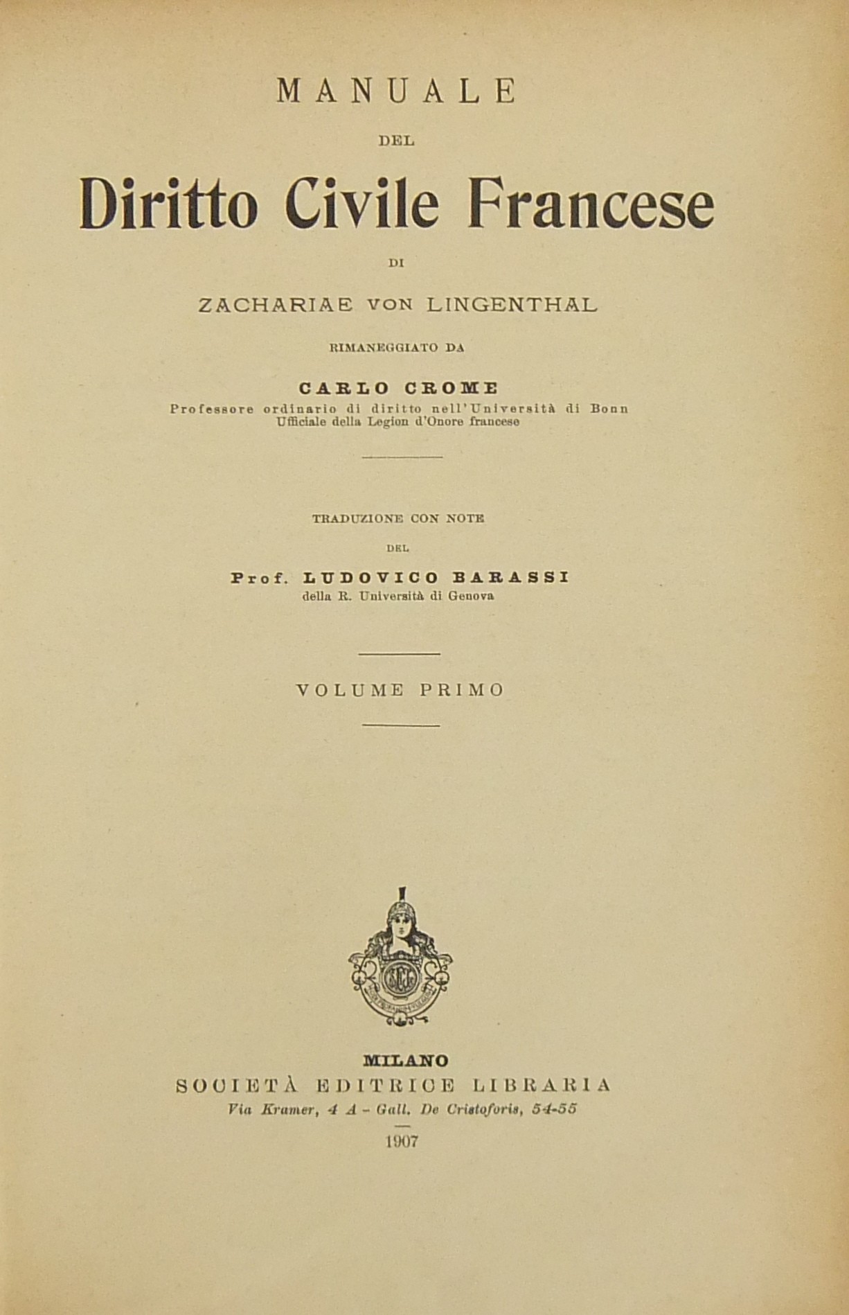 Manuale del diritto civile francese di Zachariae Von Lingenthal rimaneggiato da Carlo Crome.