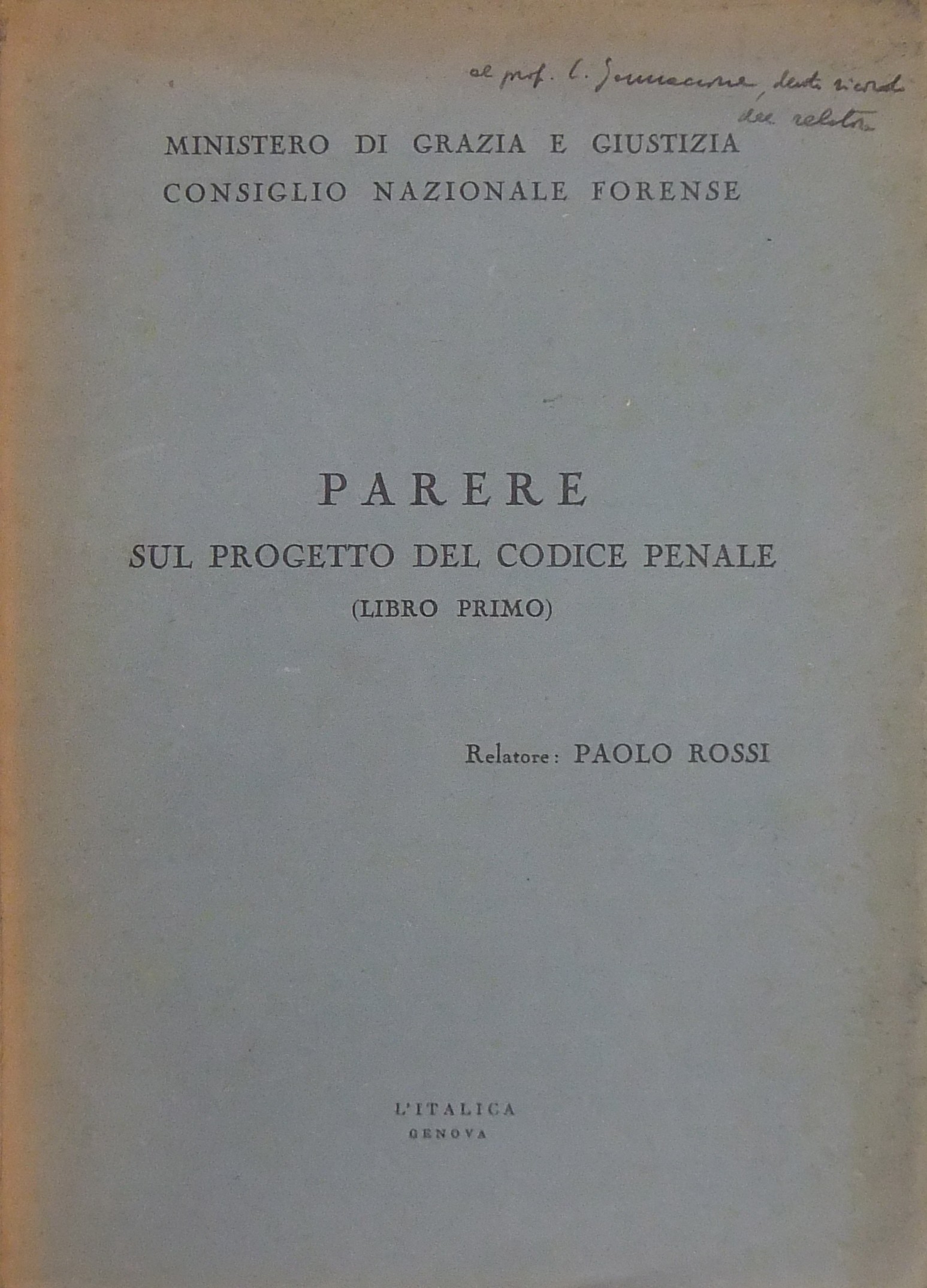 Parere sul progetto del Codice Penale (Libro Primo