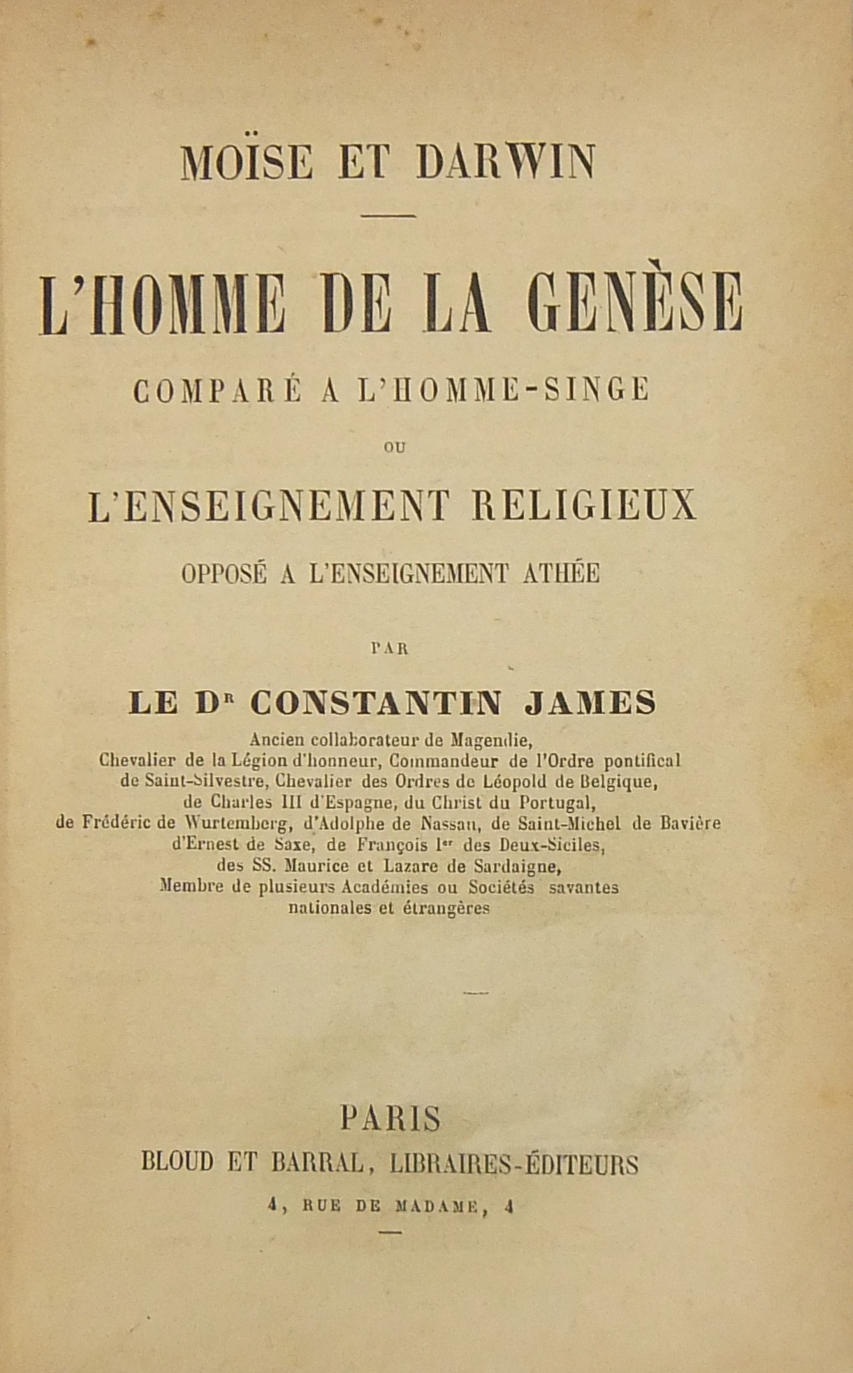 Moise et Darwin. L'homme de la Genese compare a l'