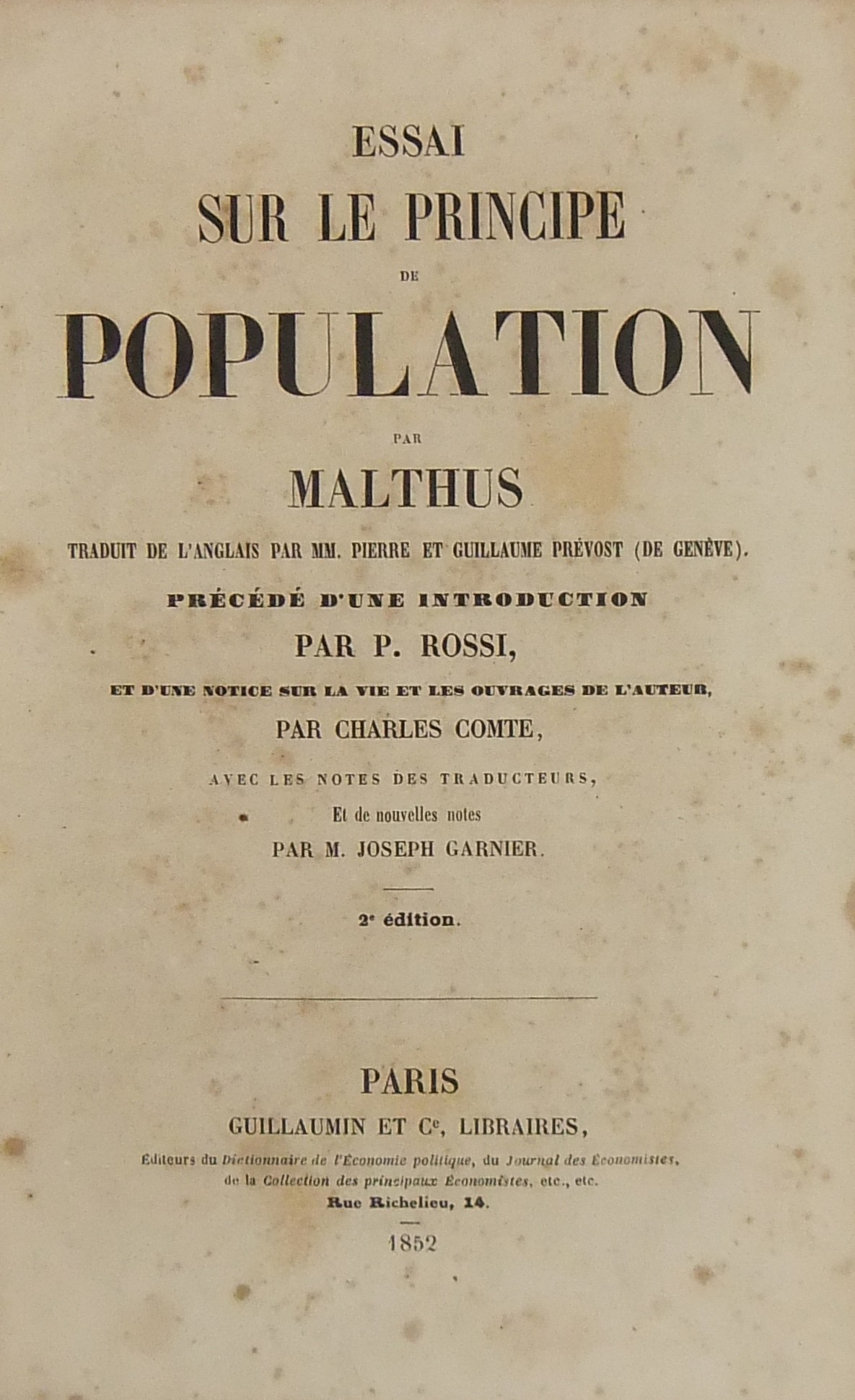 Essai sur le principe de population. Traduit de l'