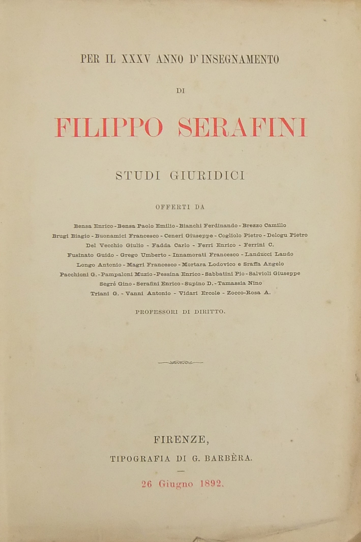 Per il XXXV anno d'insegnamento di Filippo Serafini. Studi giuridici offerti