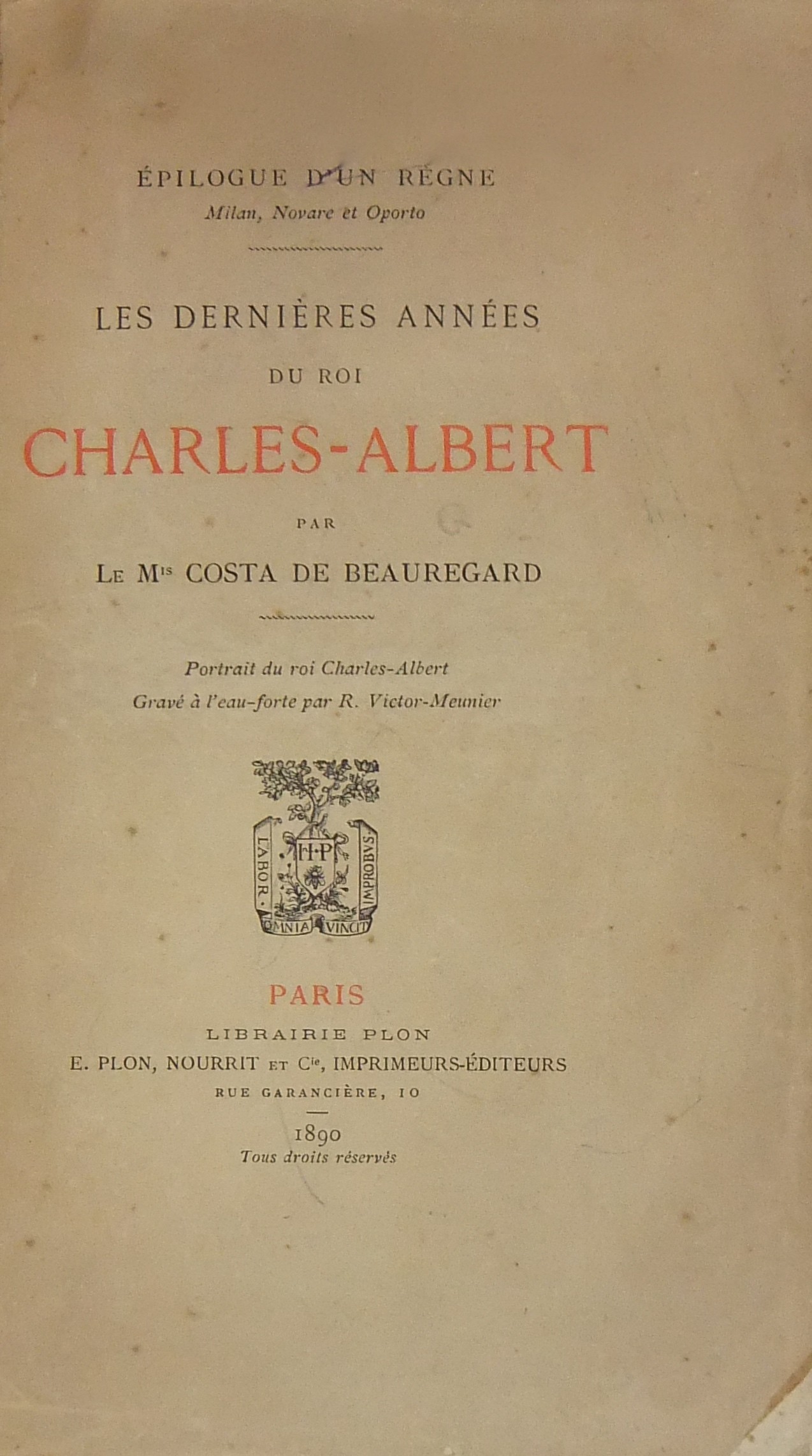 Les dernieres annees du roi Charles Albert.. Portr