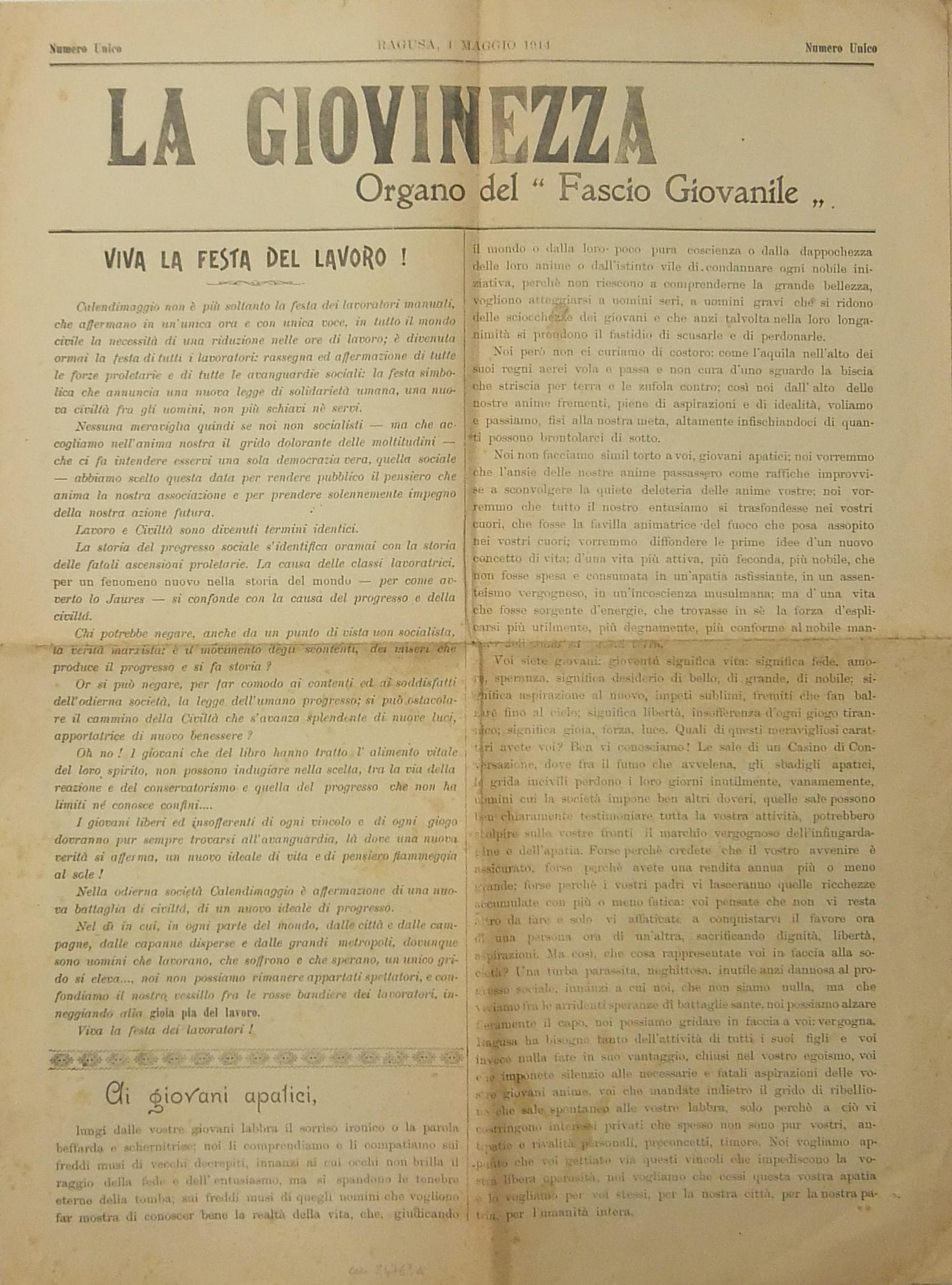 La Giovinezza. Organo del Fascio Giovanile Numero Unico 1 maggio 1914