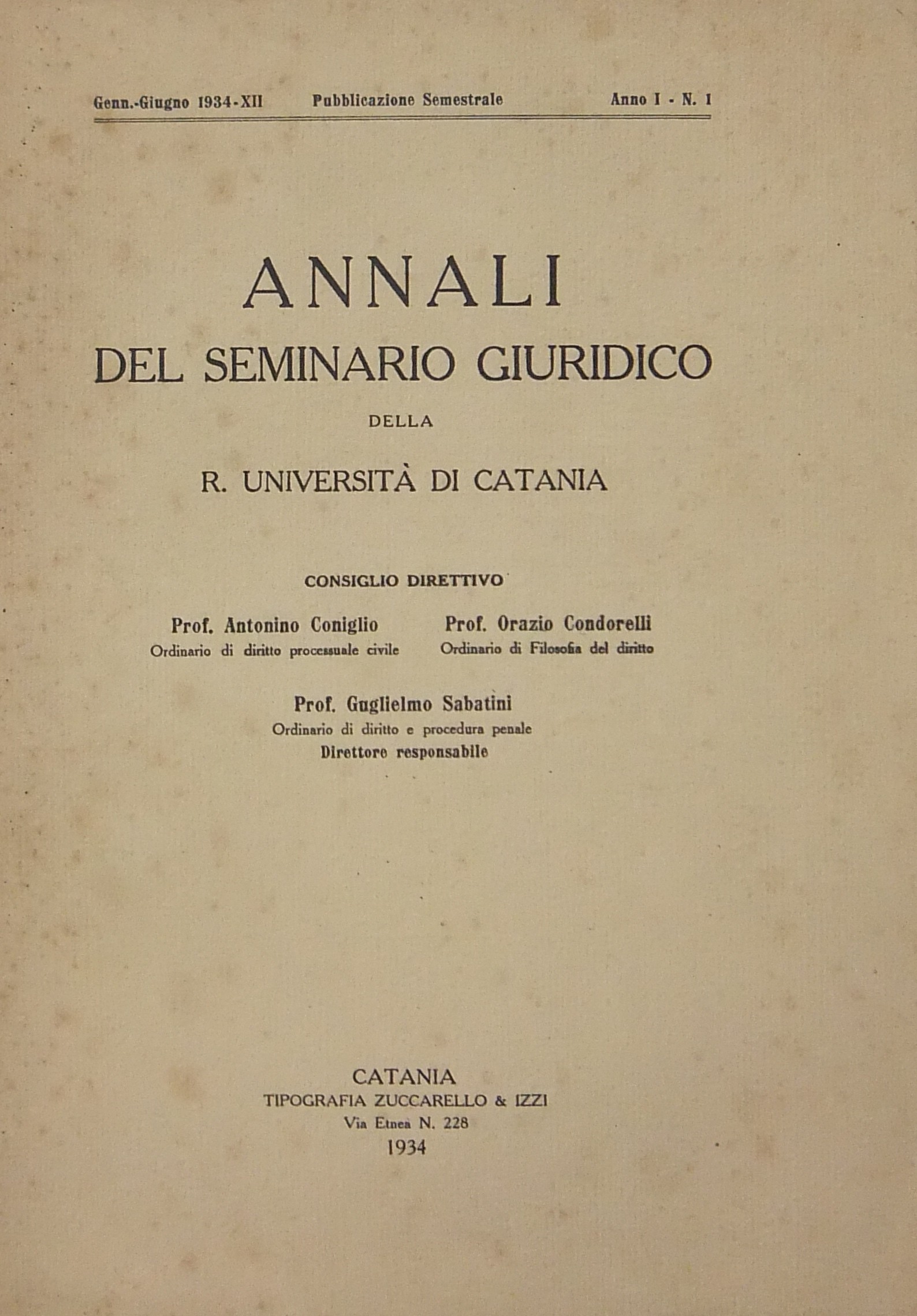 Annali del Seminario Giuridico della R. Università di Catania Anno I N. 1