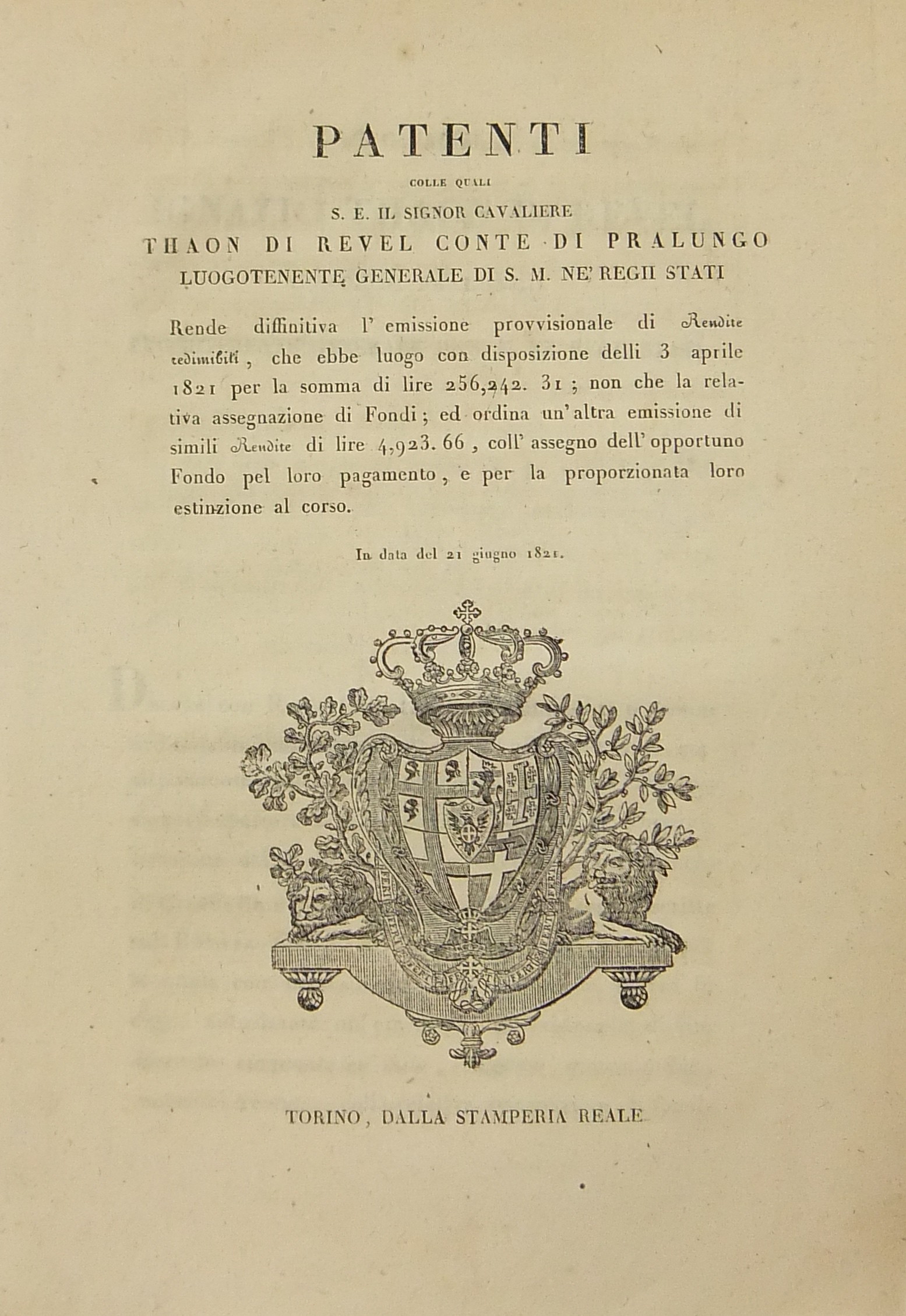 Patenti colle quali S.E. il Signor Cavaliere Thaon di Revel rende diffinitiva l'emissione provvisionale di Rendite redimibili
