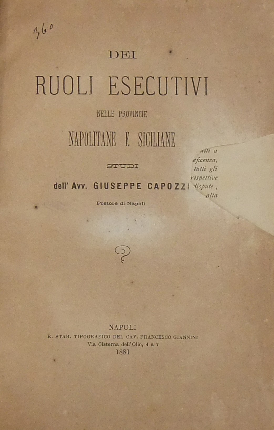 Dei ruoli esecutivi nelle provincie napolitane e siciliane. Studi