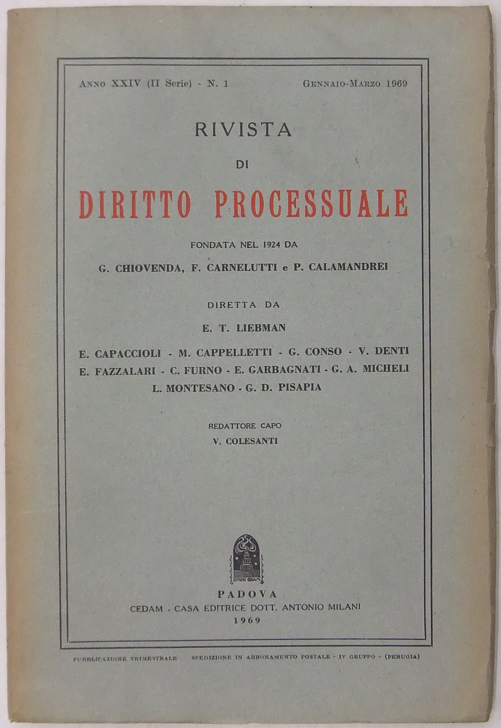 Rivista di Diritto Processuale. Annata 1969.