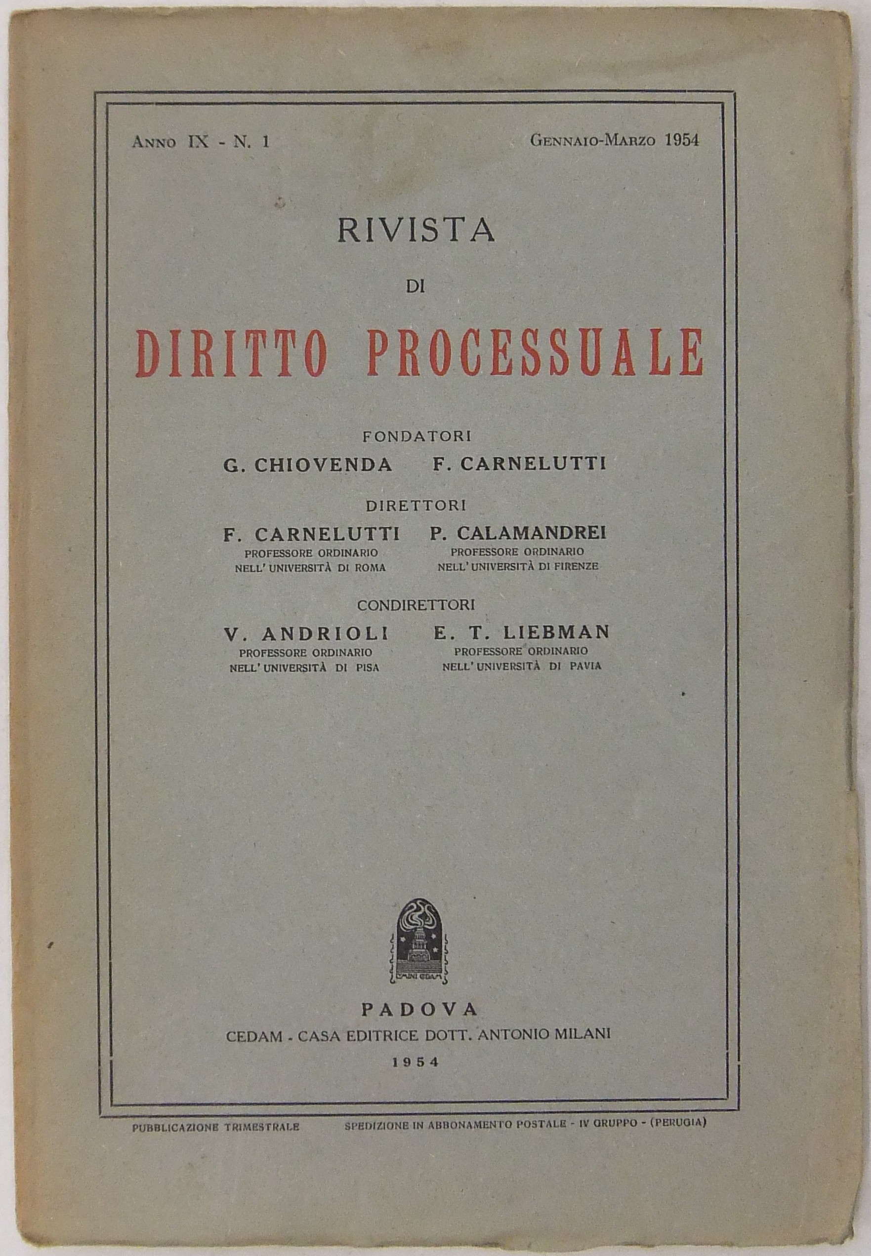 Rivista di Diritto Processuale. Annata 1954.