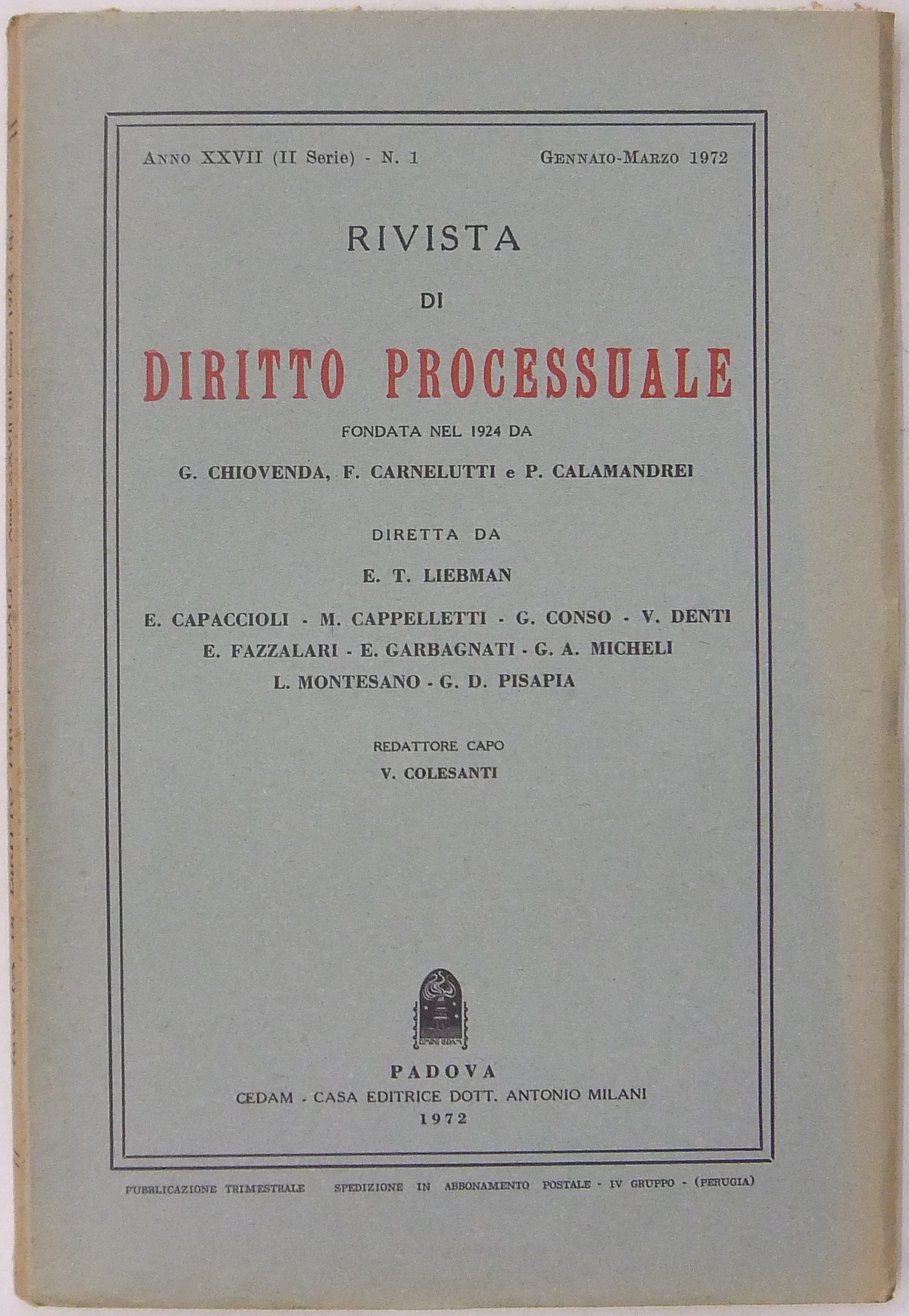 Rivista di Diritto Processuale. Annata 1972.
