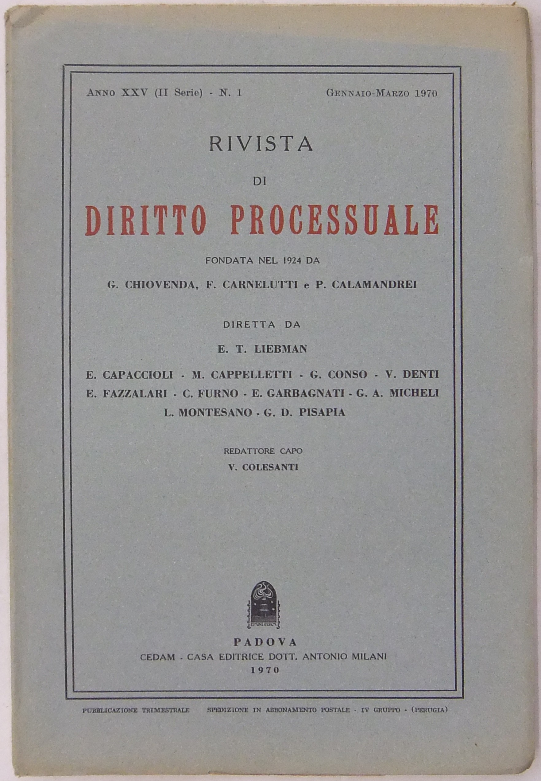 Rivista di Diritto Processuale. Annata 1970.