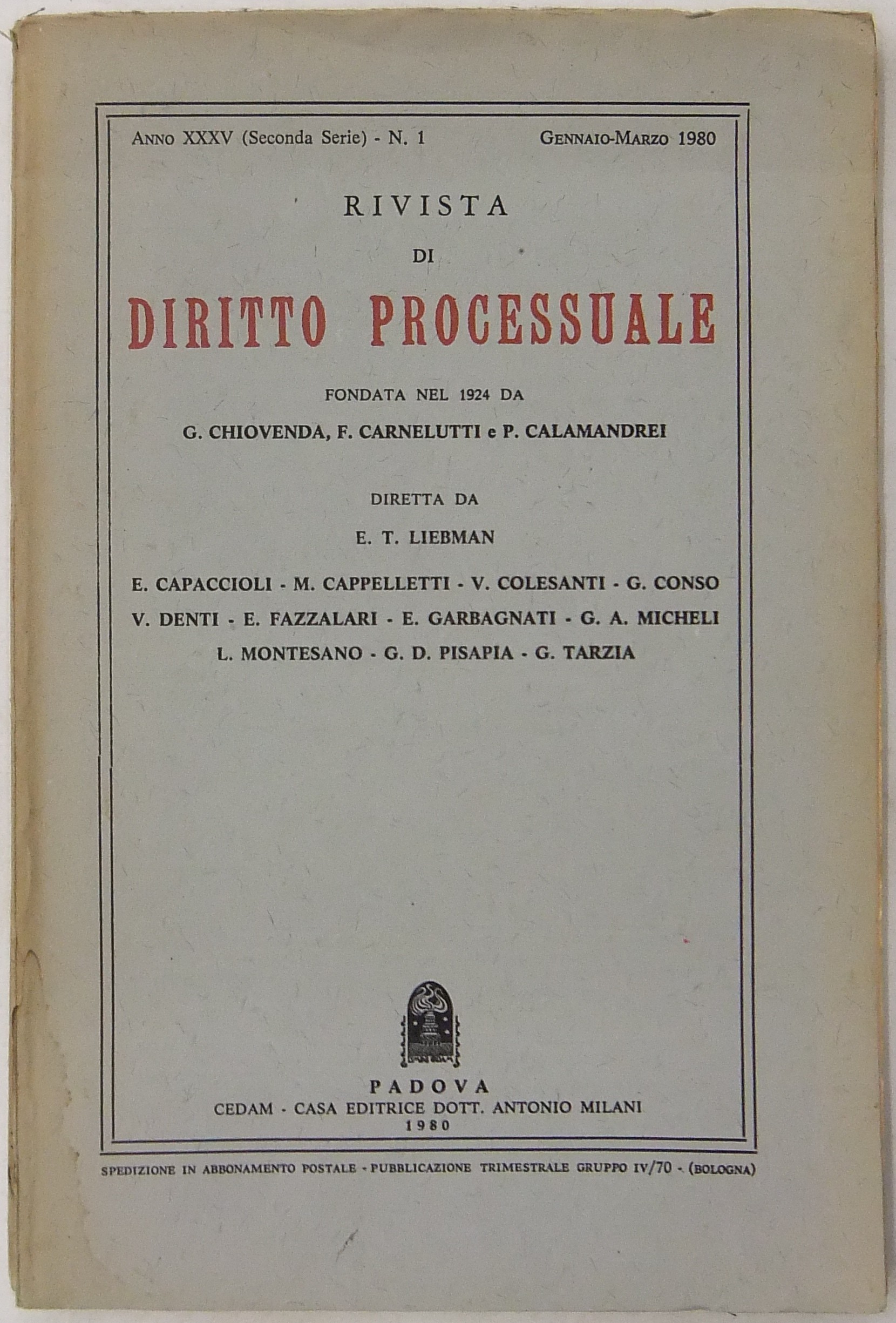 Rivista di Diritto Processuale. Annata 1980.