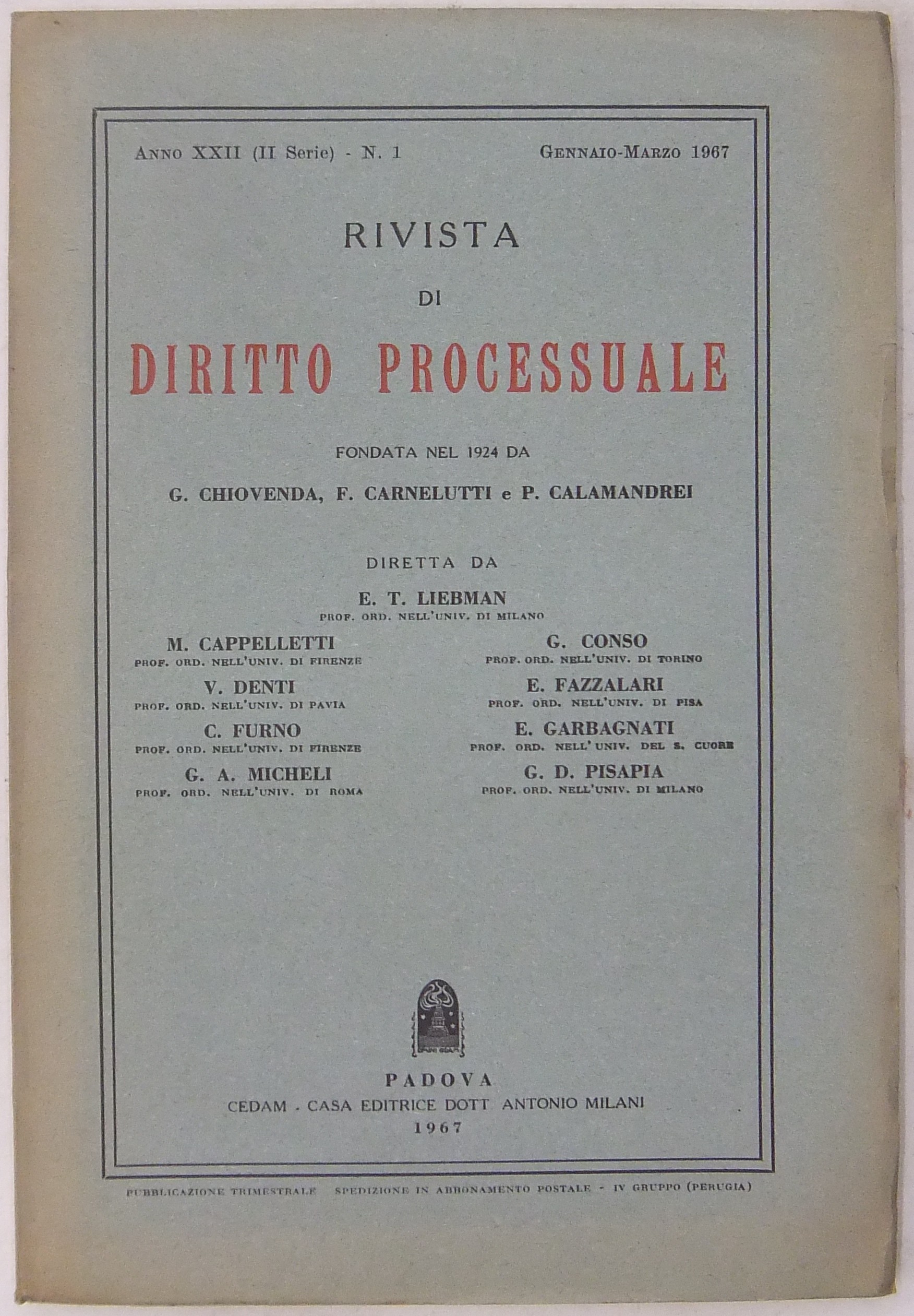 Rivista di Diritto Processuale. Annata 1967.