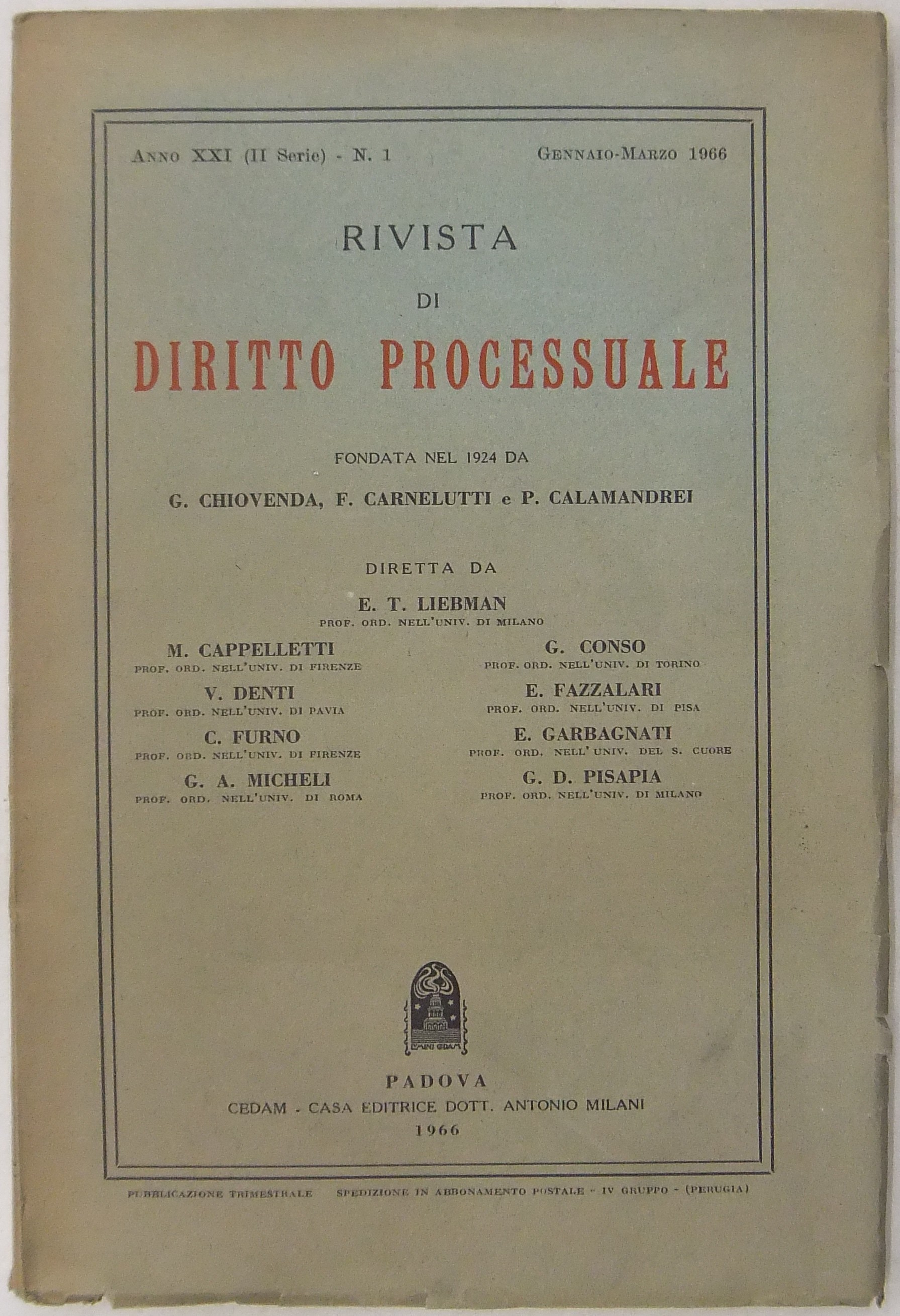 Rivista di Diritto Processuale. Annata 1966.