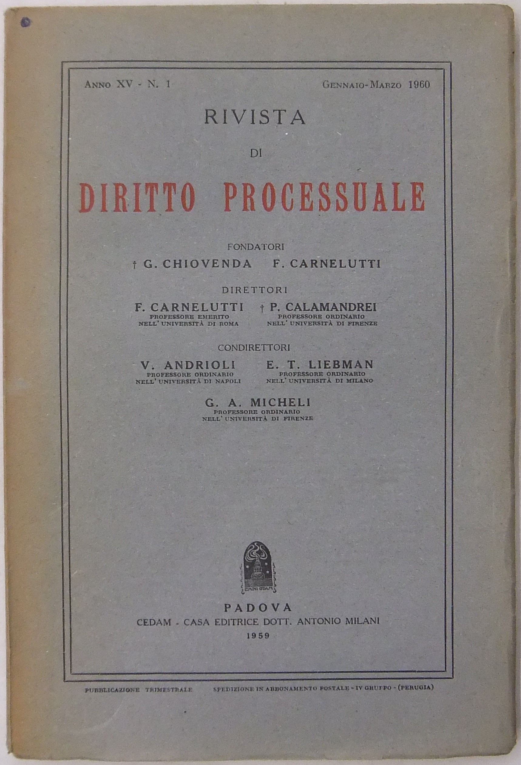Rivista di Diritto Processuale. Annata 1960.