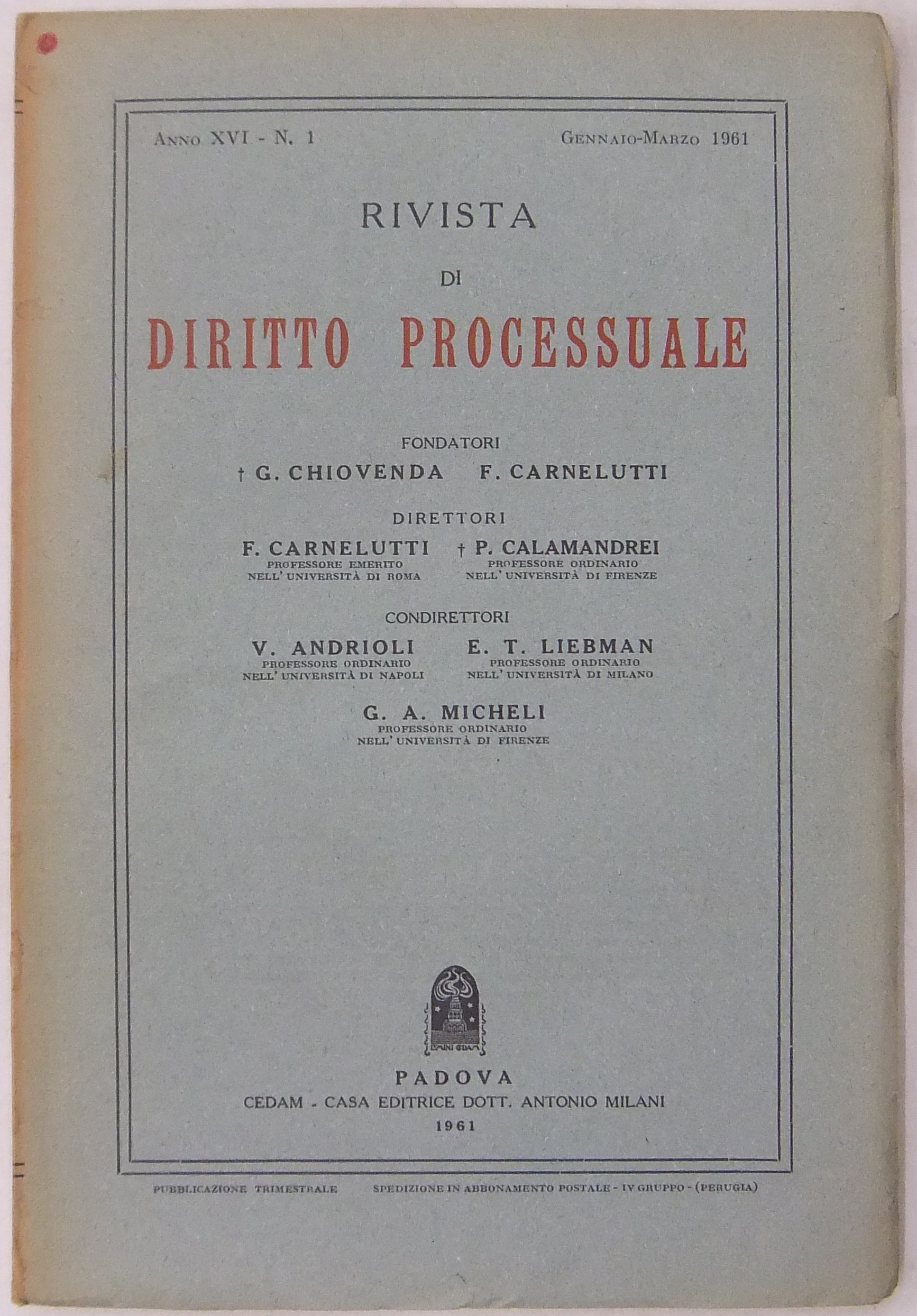Rivista di Diritto Processuale. Annata 1961.