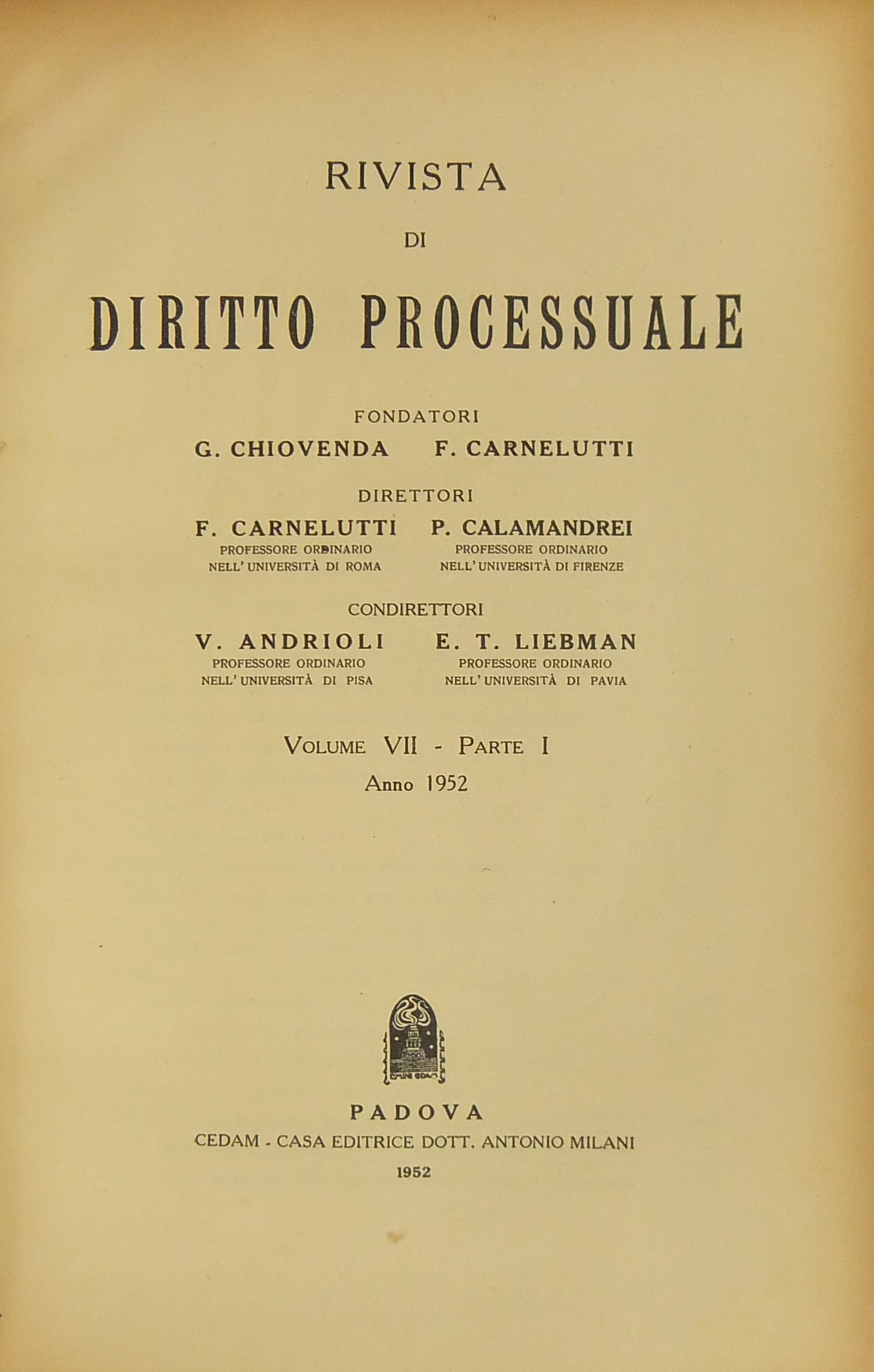 Rivista di Diritto Processuale. Annata 1952.