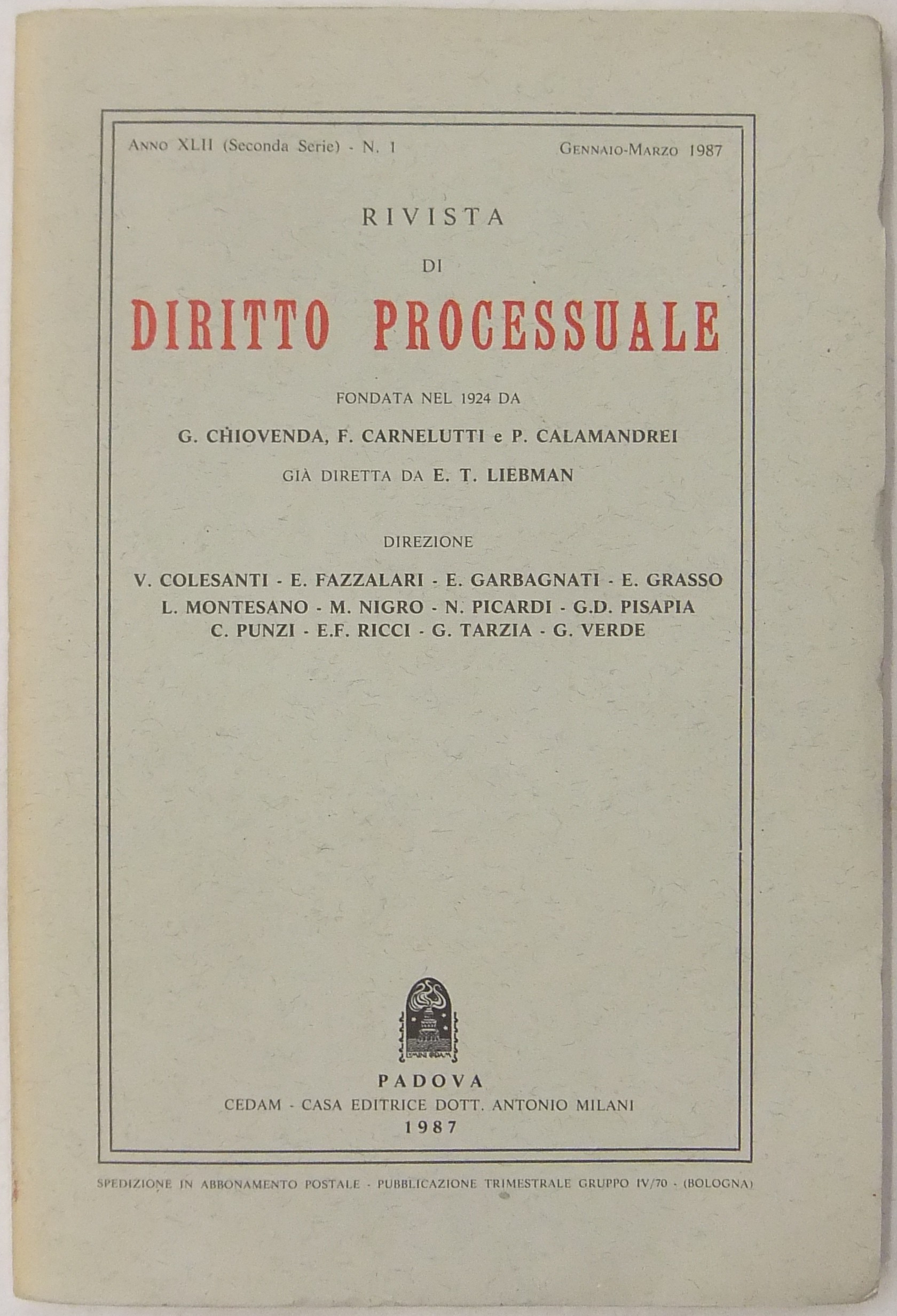 Rivista di Diritto Processuale. Annata 1987.