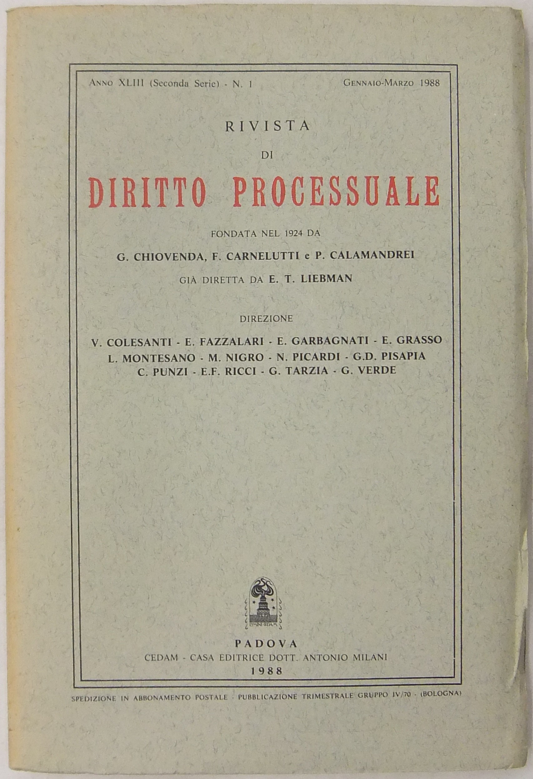 Rivista di Diritto Processuale. Annata 1988.