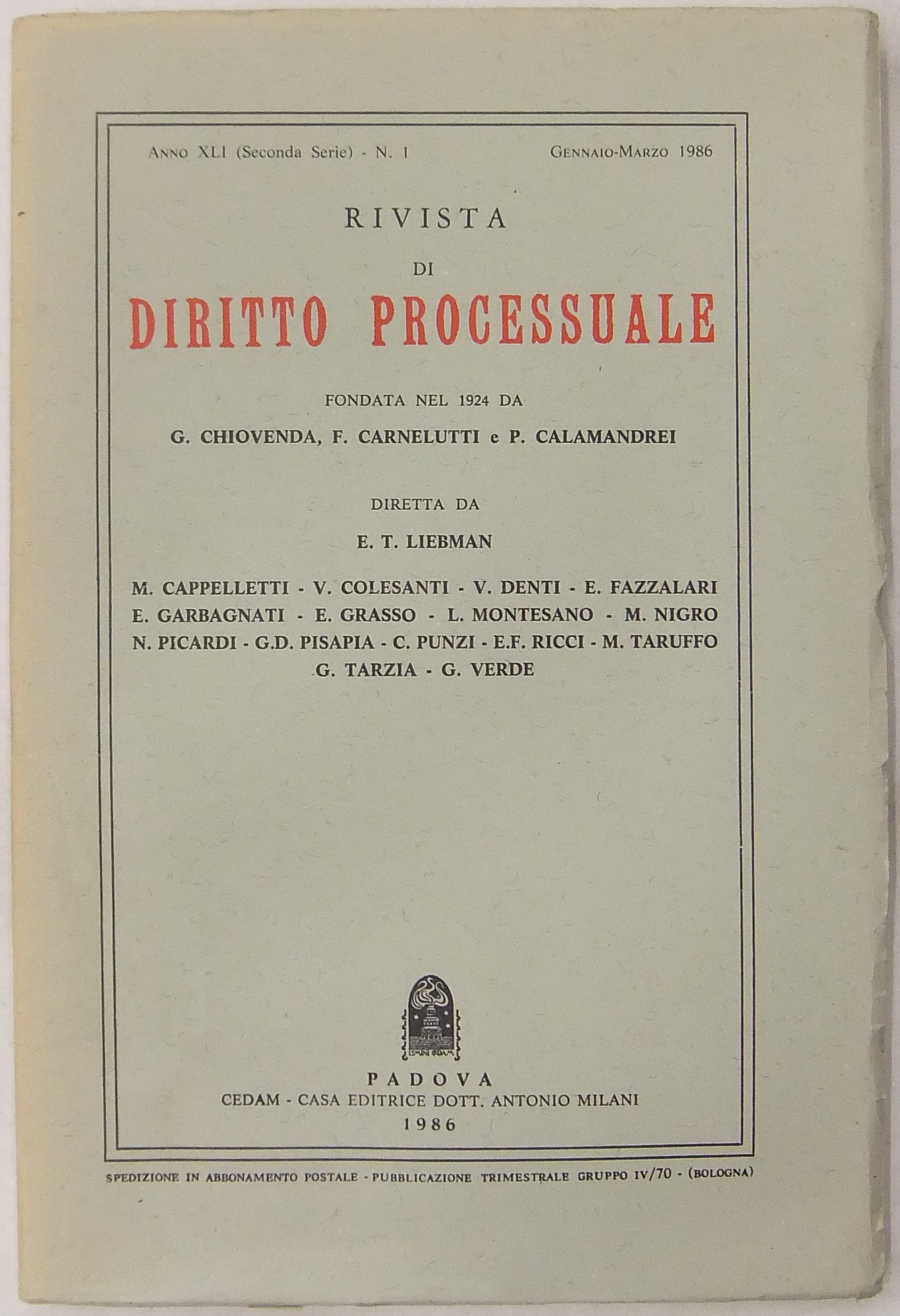 Rivista di Diritto Processuale. Annata 1986.