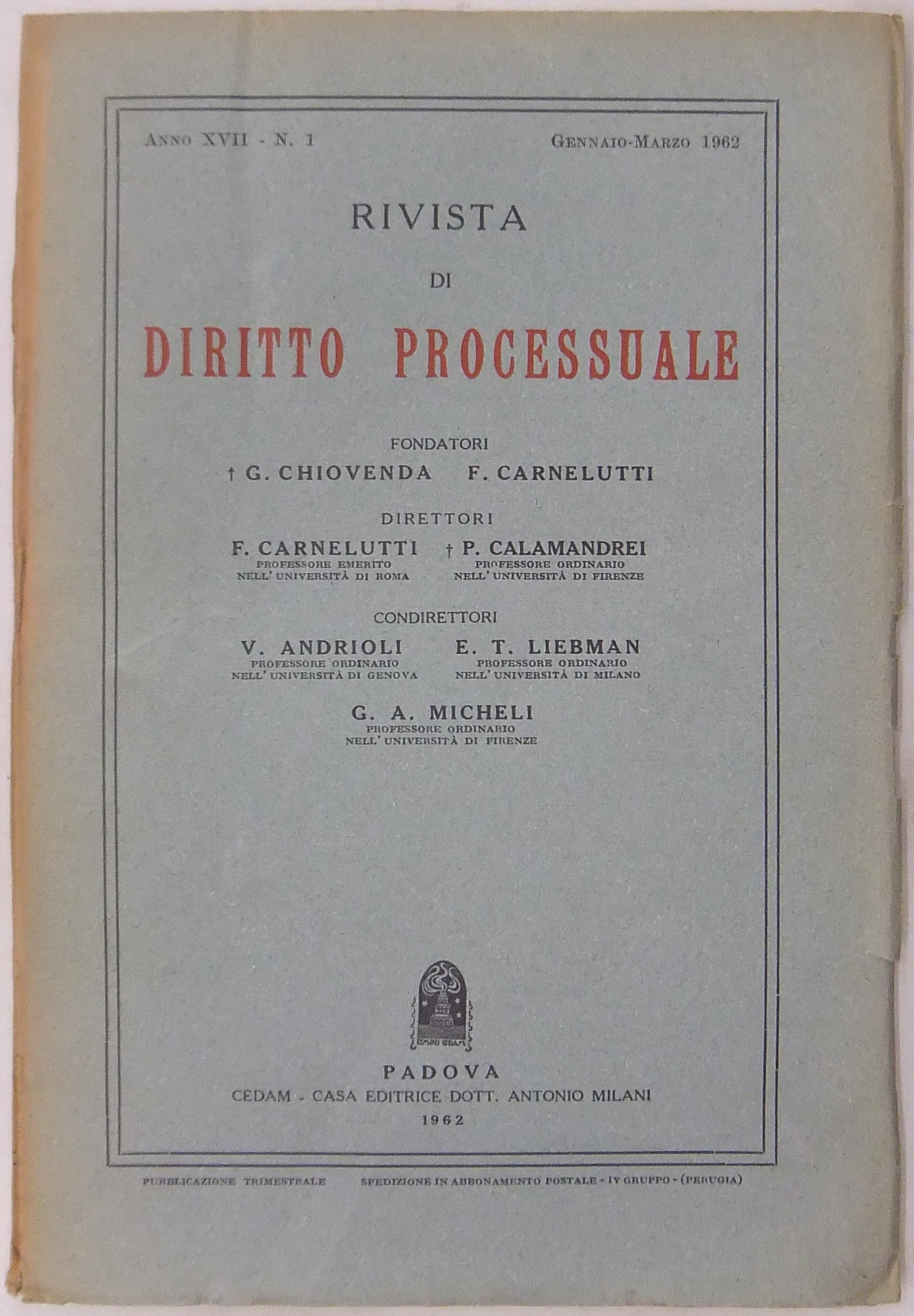 Rivista di Diritto Processuale. Annata 1962.