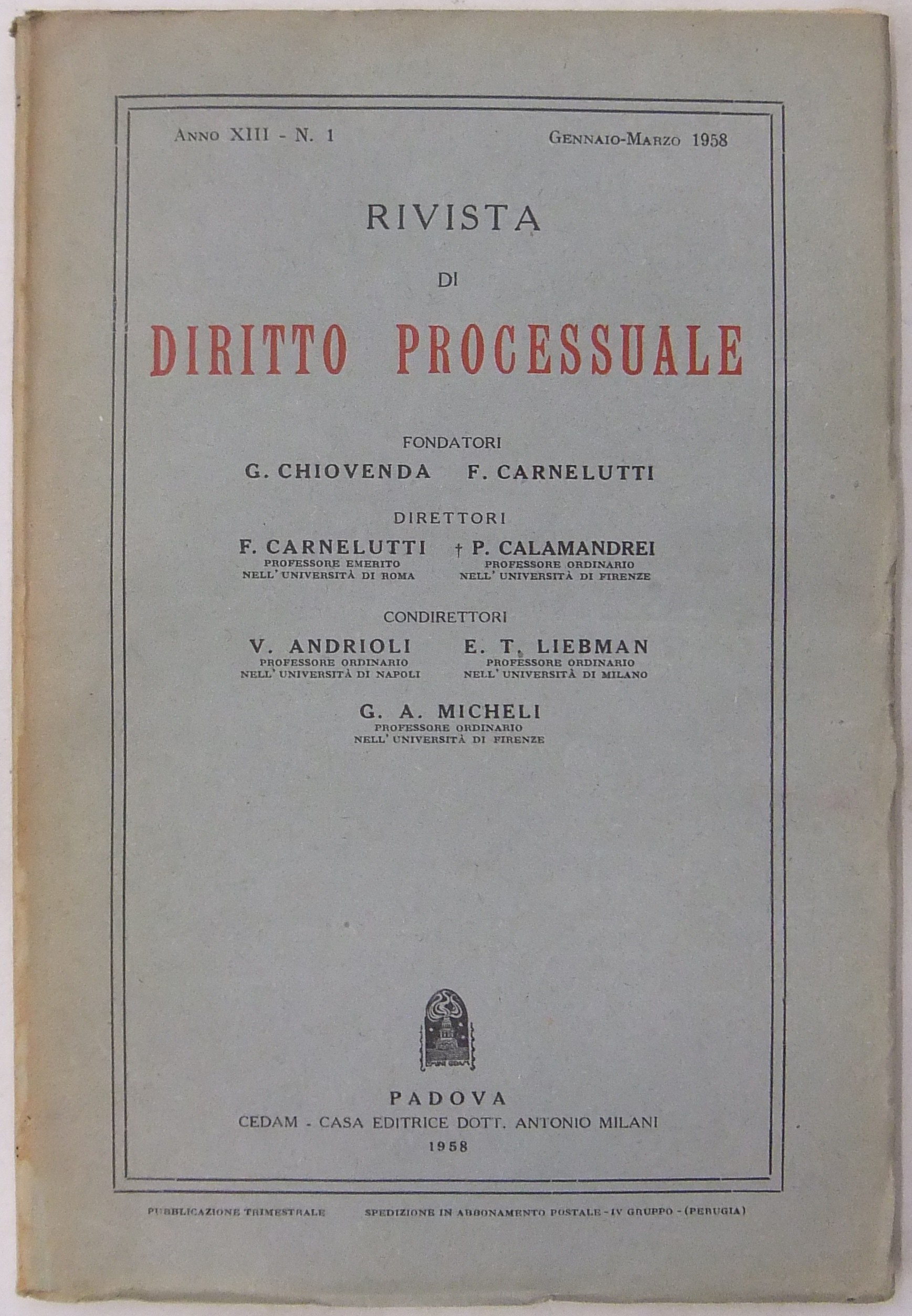 Rivista di Diritto Processuale. Annata 1958.