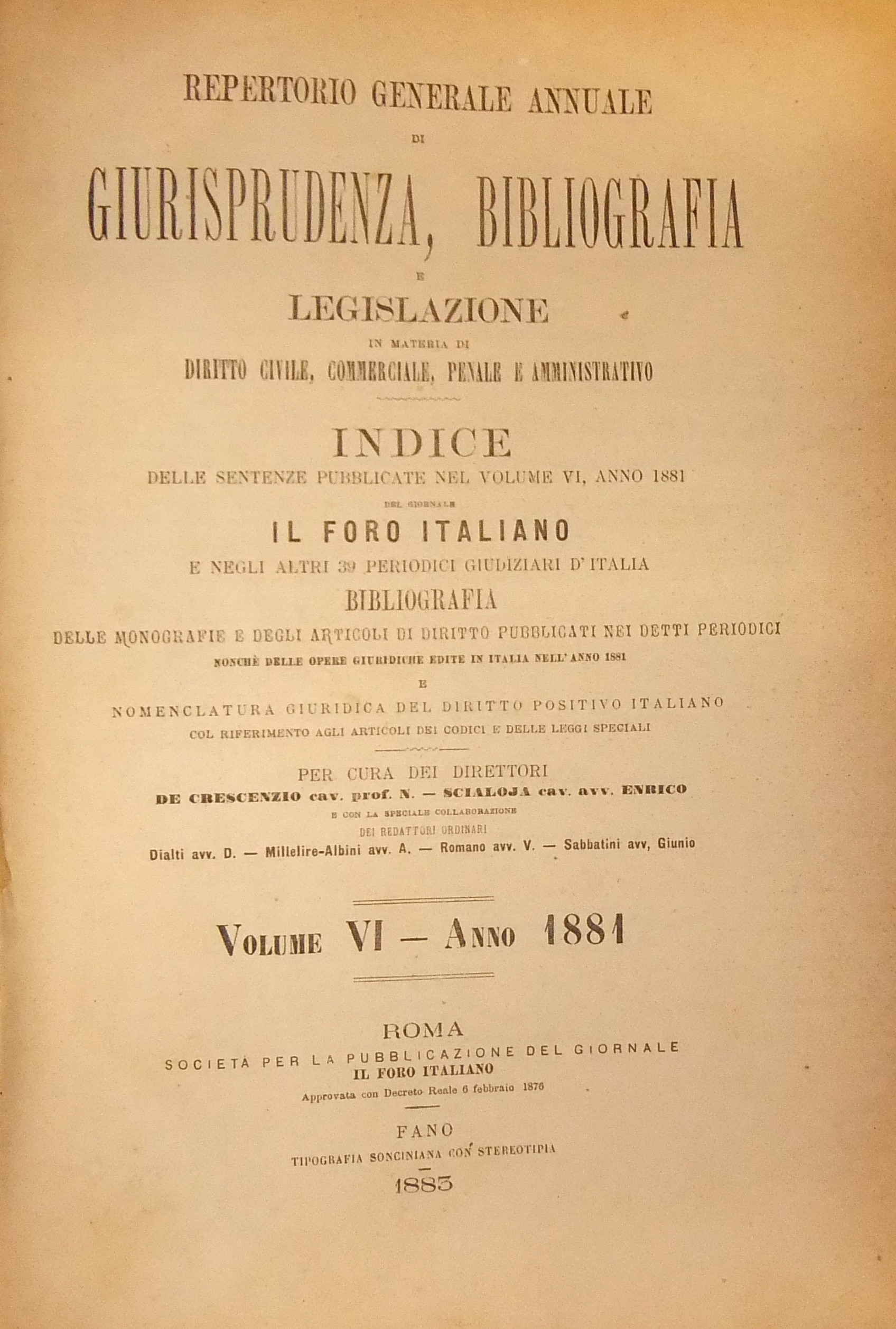 Repertorio Generale Annuale del Foro Italiano. Vol. VI - Anno 1881