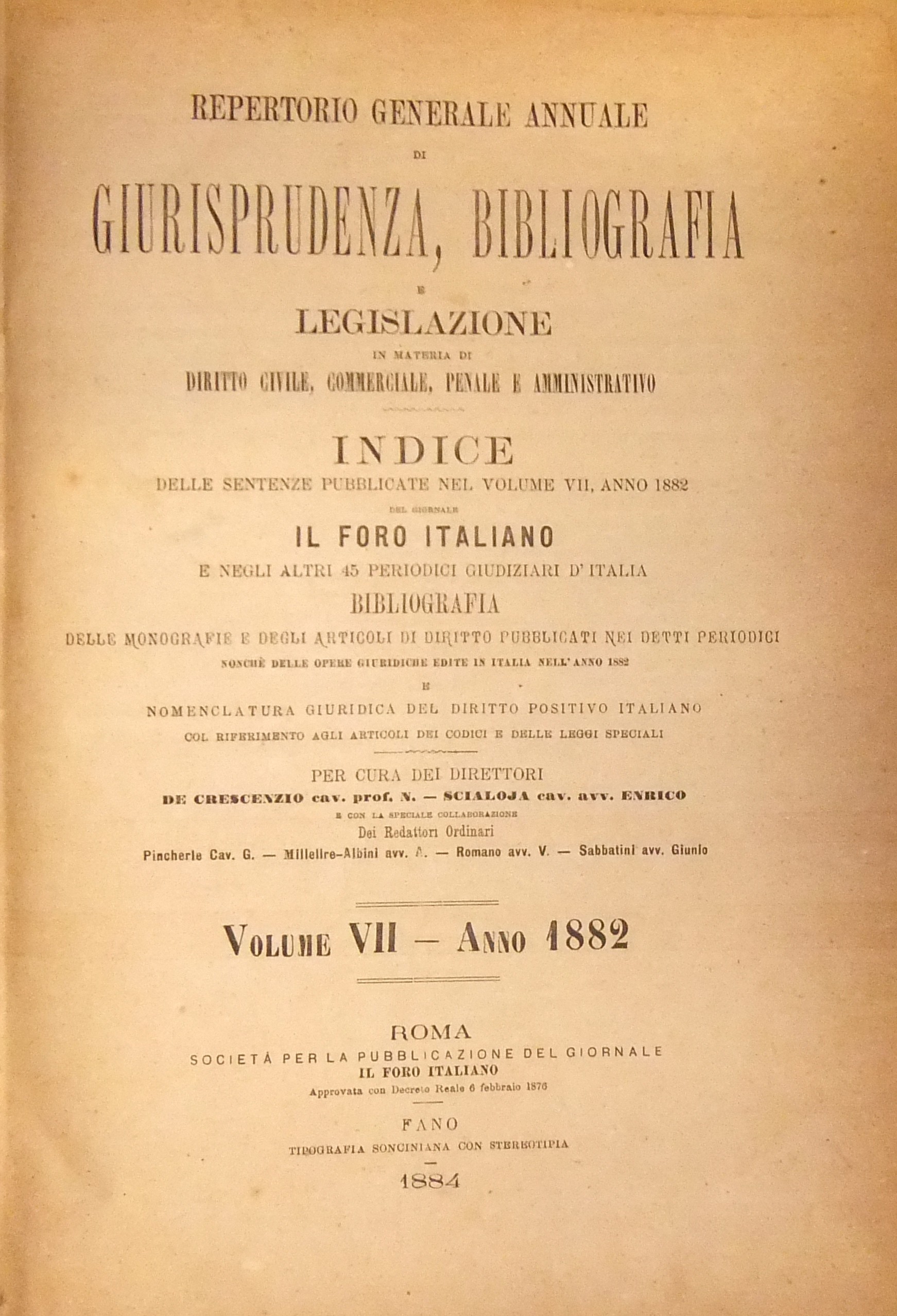 Repertorio Generale Annuale del Foro Italiano. Vol. VII - Anno 1882