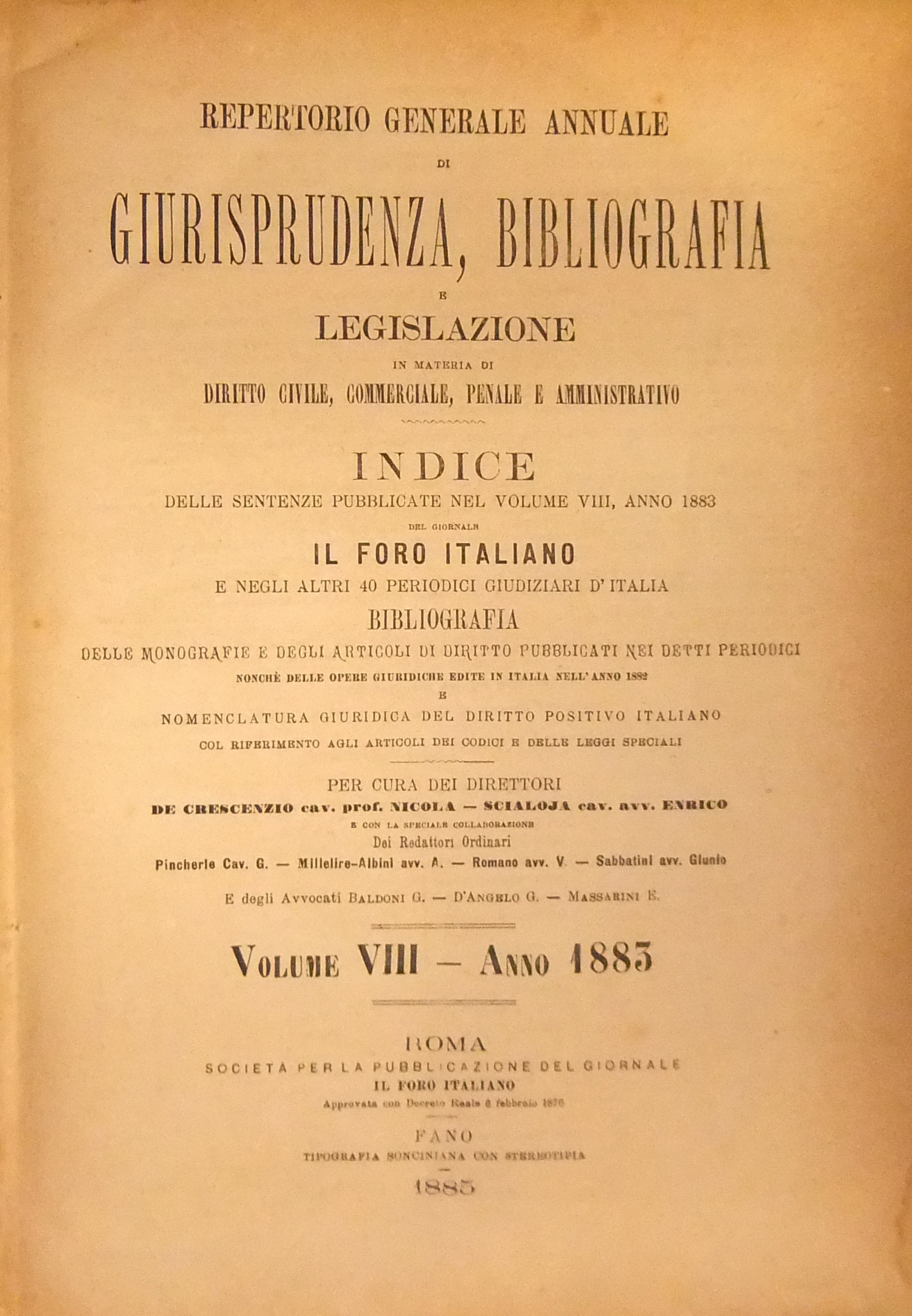 Repertorio Generale Annuale del Foro Italiano. Vol. VIII - Anno 1883