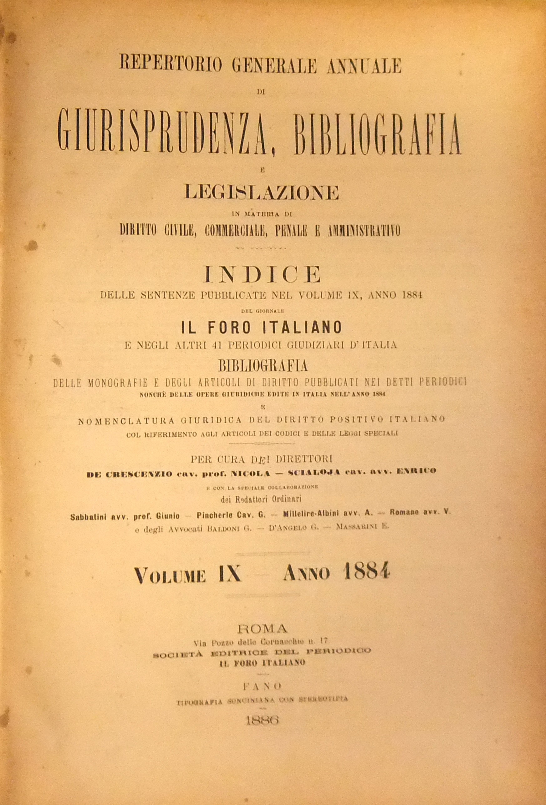 Repertorio Generale Annuale del Foro Italiano. Vol. IX - Anno 1884