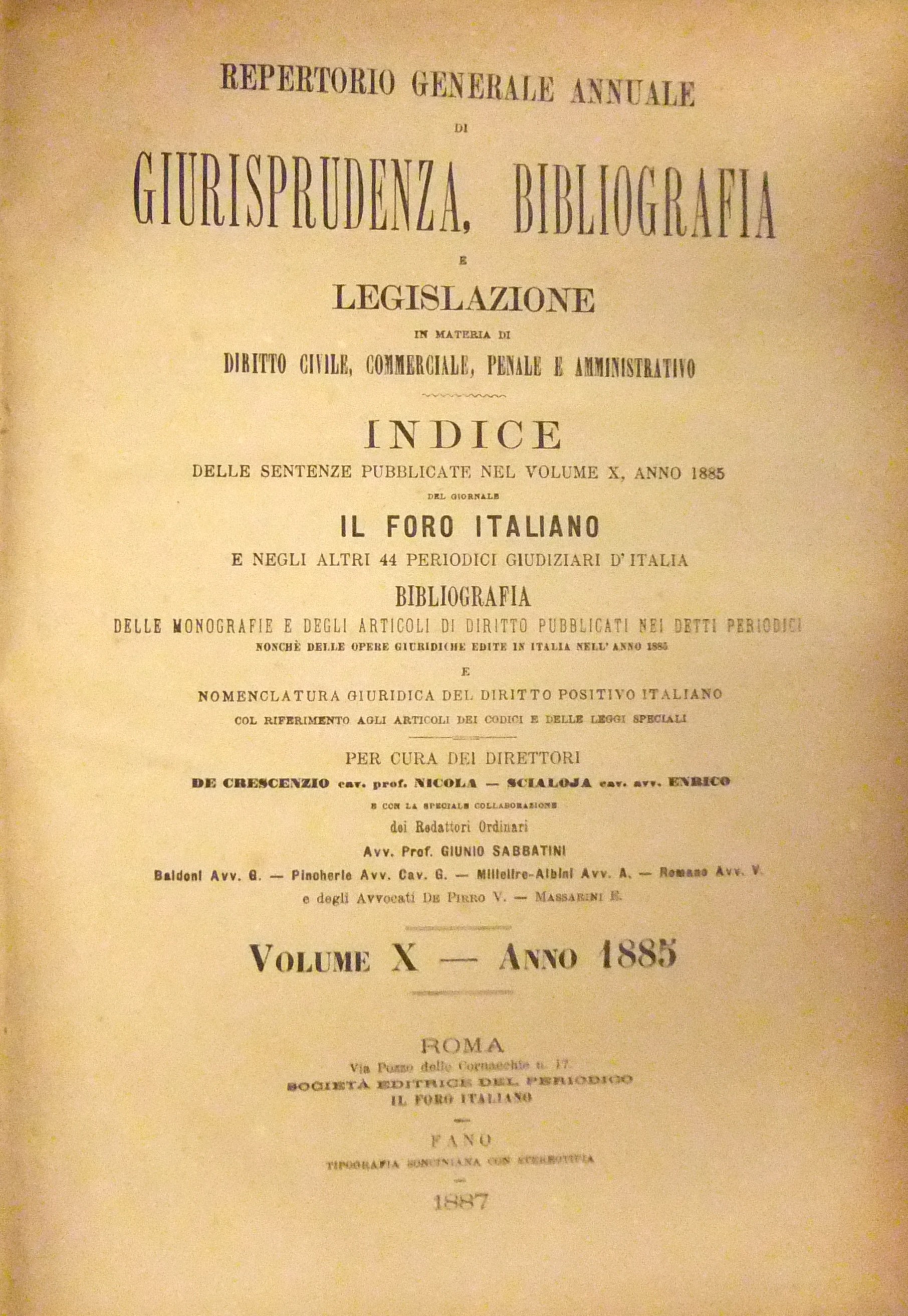 Repertorio Generale Annuale del Foro Italiano. Vol. X - Anno 1885