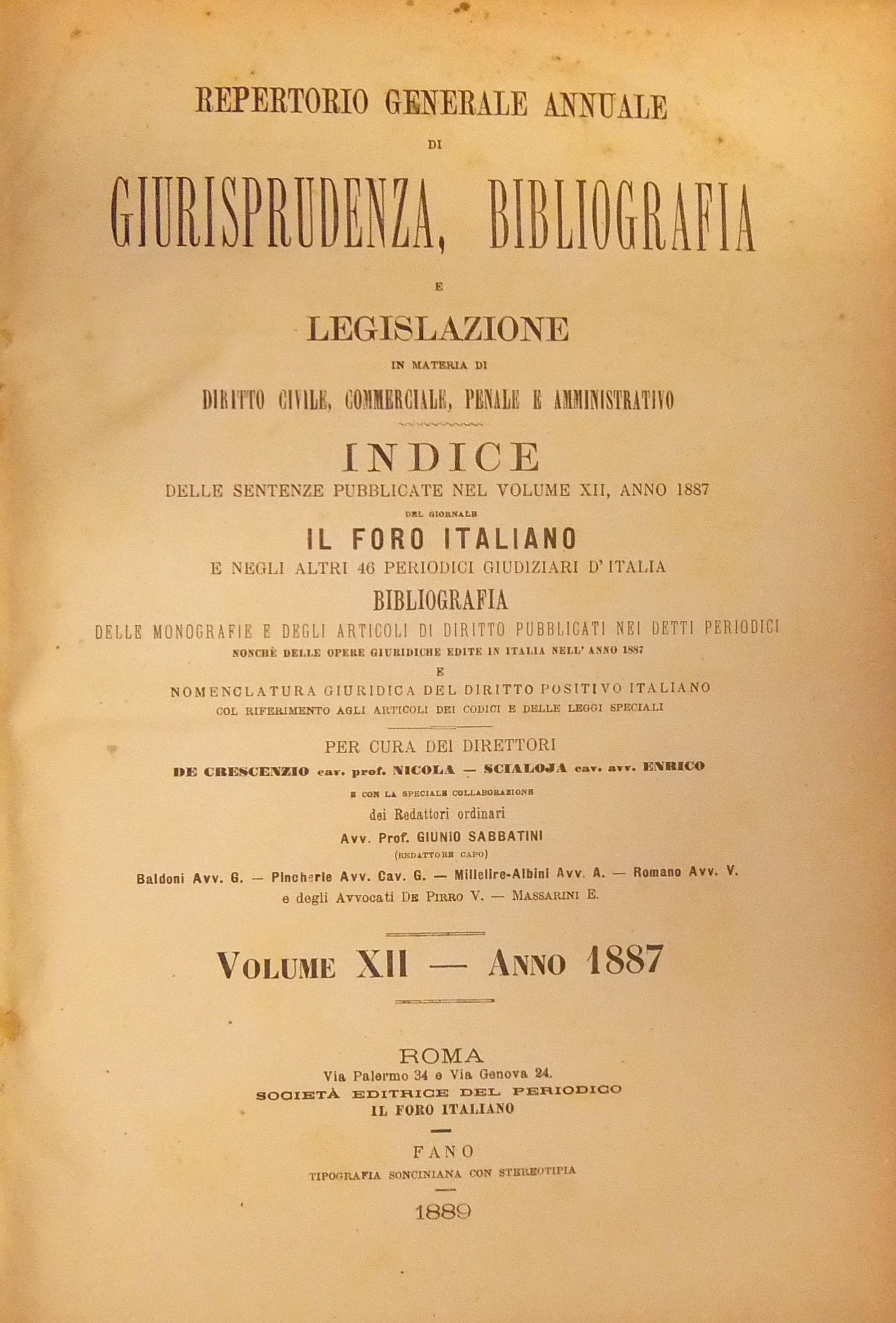 Repertorio Generale Annuale del Foro Italiano. Vol. XII - Anno 1887