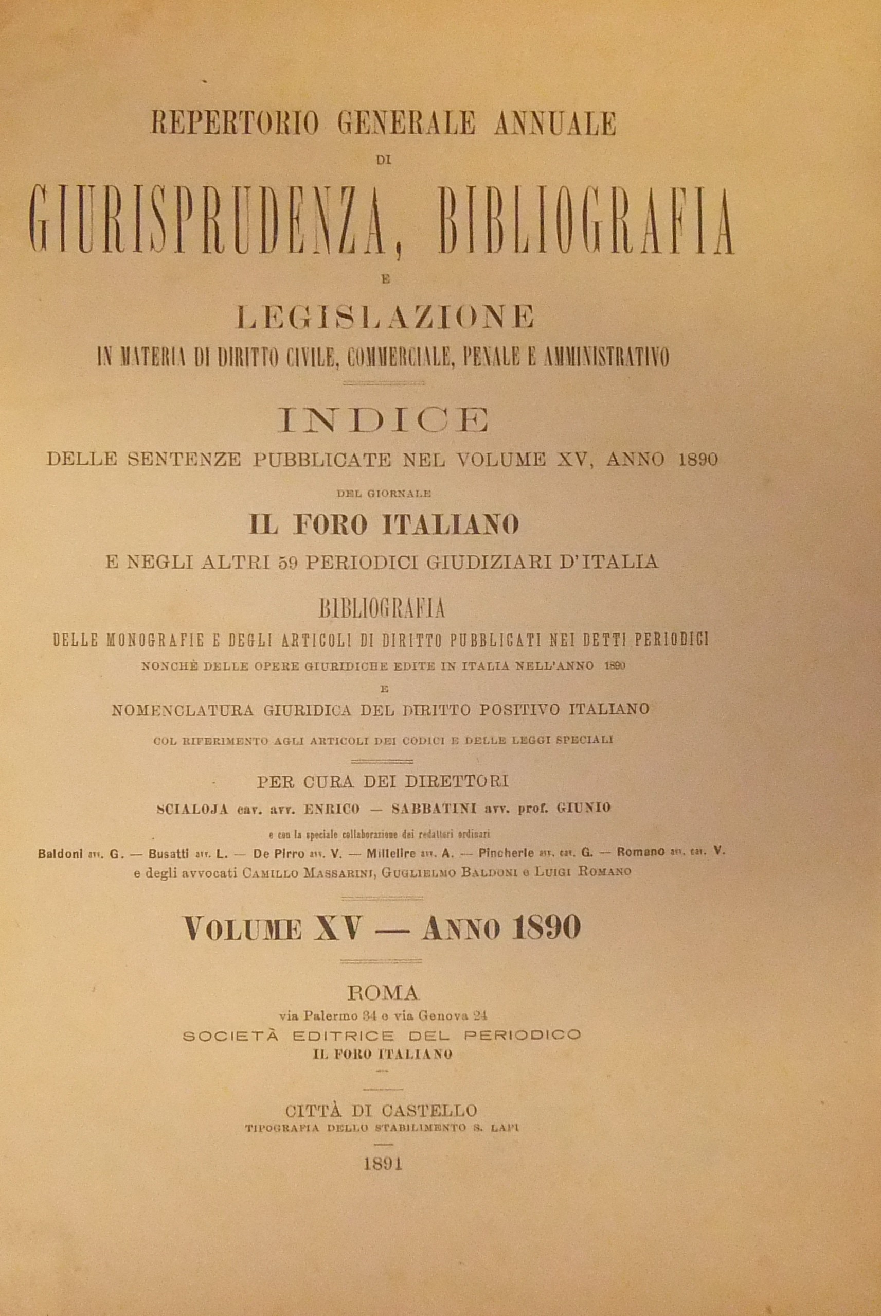 Repertorio Generale Annuale del Foro Italiano. Vol. XV - Anno 1890