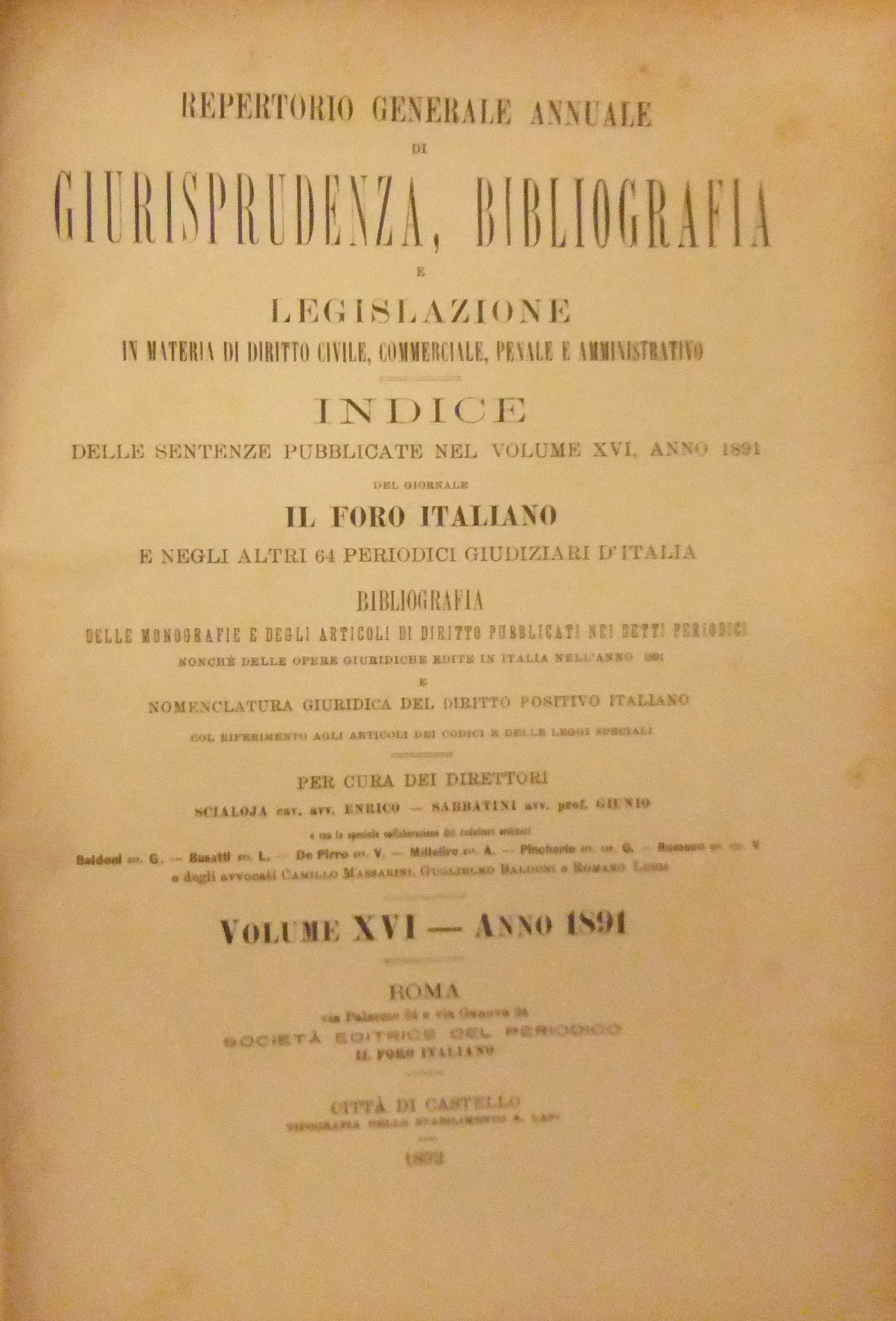 Repertorio Generale Annuale del Foro Italiano. Vol. XVI - Anno 1891