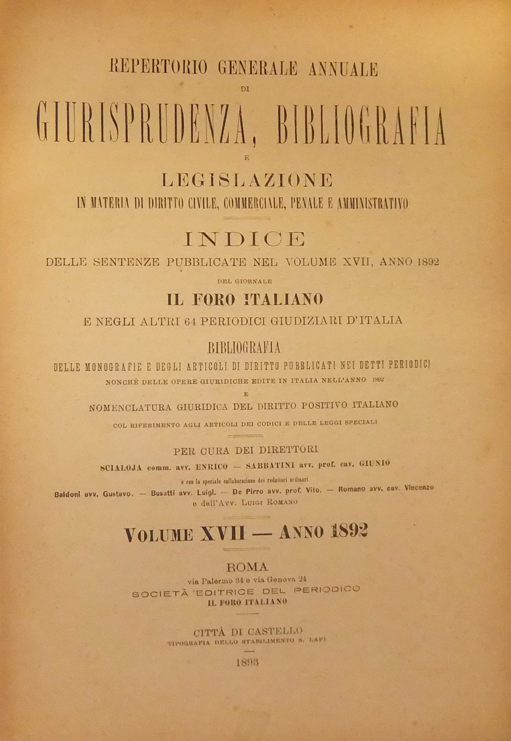 Repertorio Generale Annuale del Foro Italiano. Vol. XVII - Anno 1892