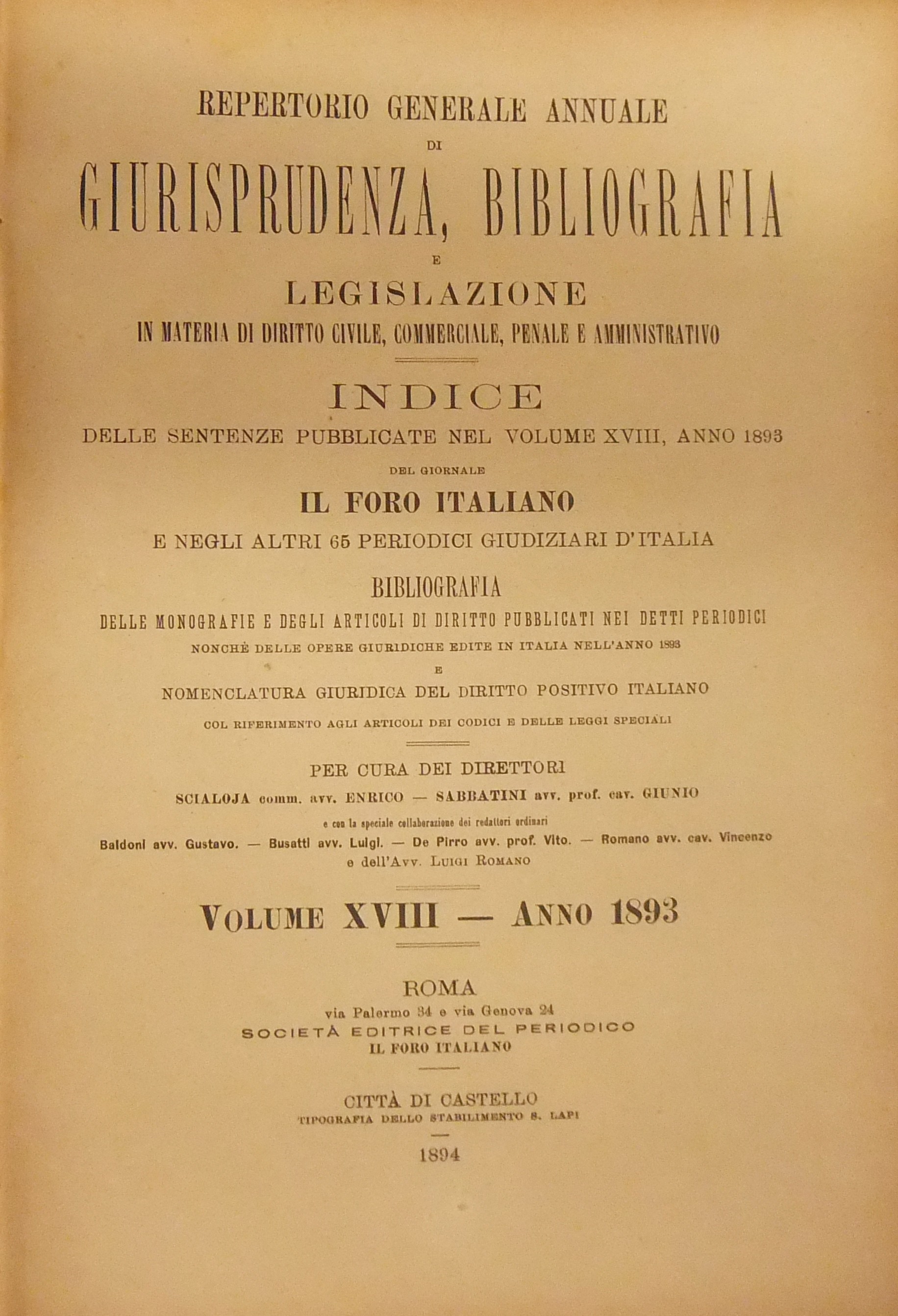 Repertorio Generale Annuale del Foro Italiano. Vol. XVIII - Anno 1893