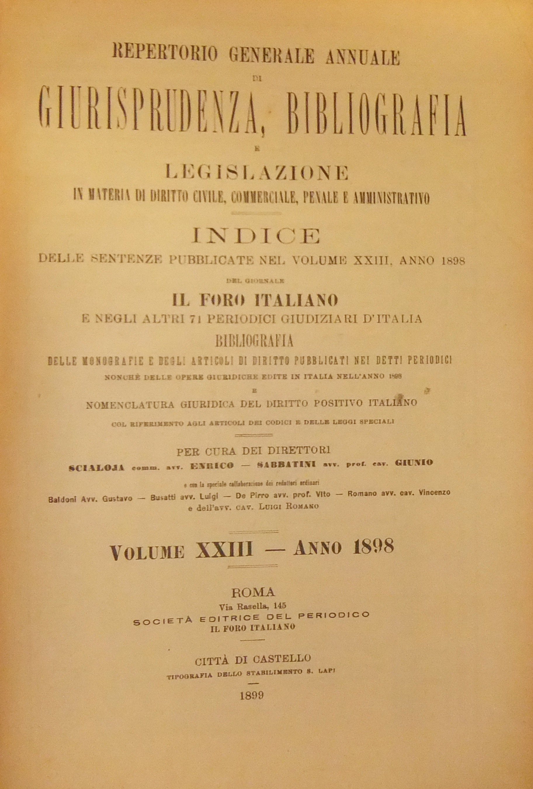 Repertorio Generale Annuale del Foro Italiano. Vol. XXIII - Anno 1898