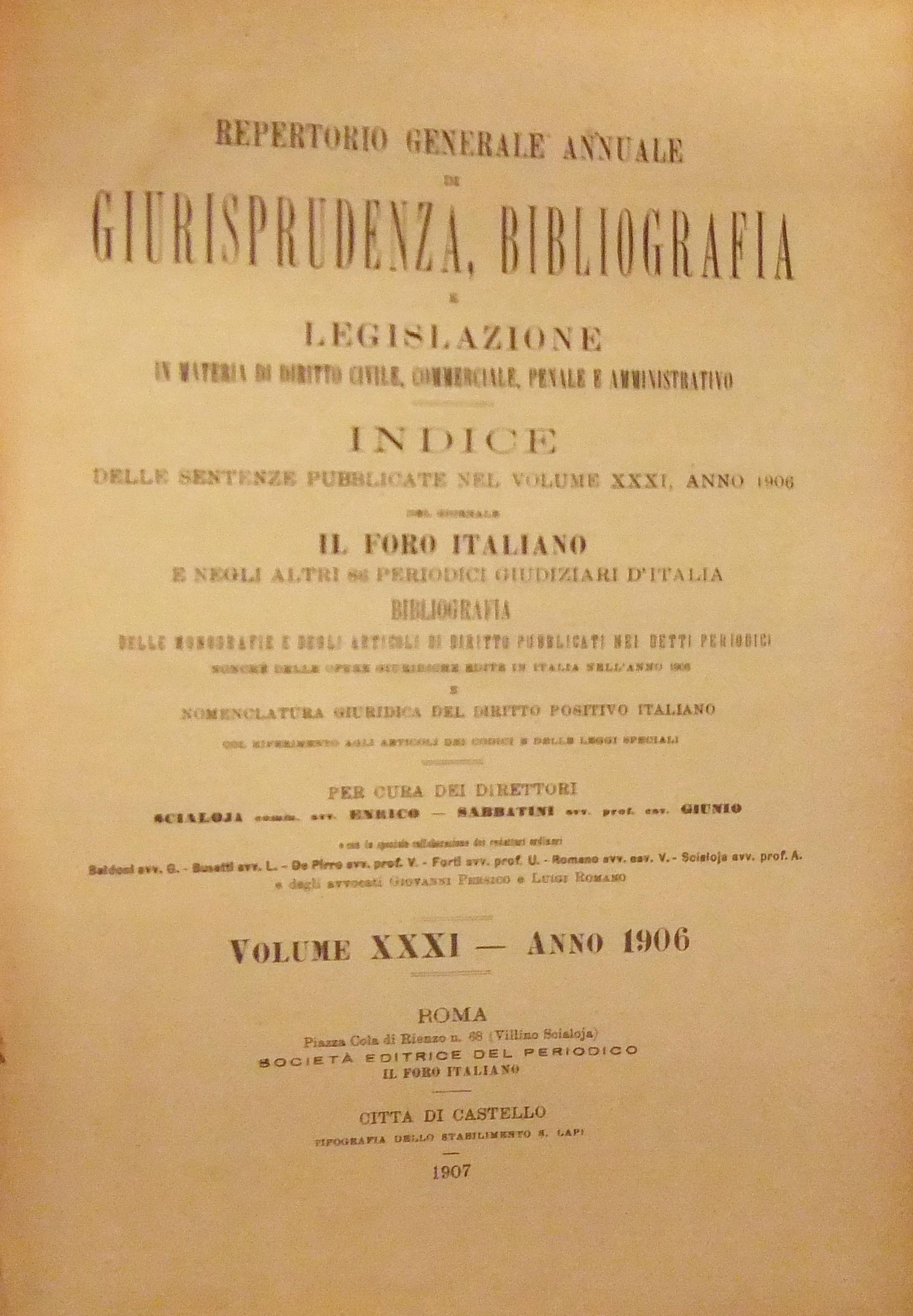 Repertorio Generale Annuale del Foro Italiano. Vol. XXXI - Anno 1906