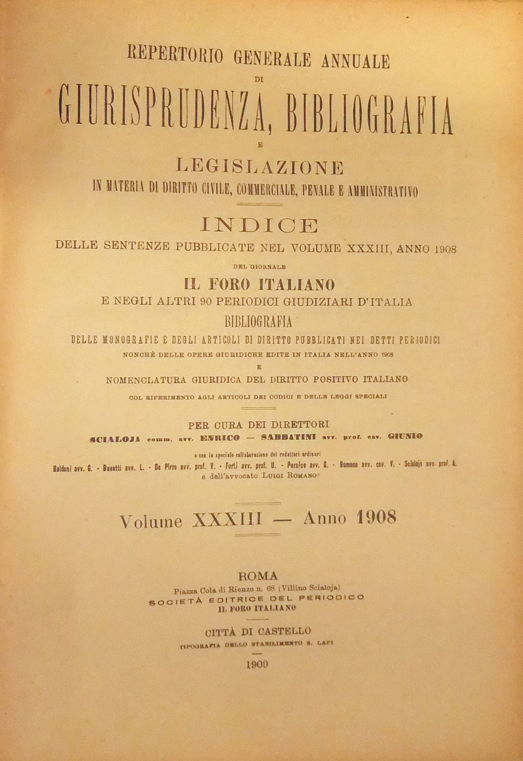 Repertorio Generale Annuale del Foro Italiano. Vol. XXXIII - Anno 1908