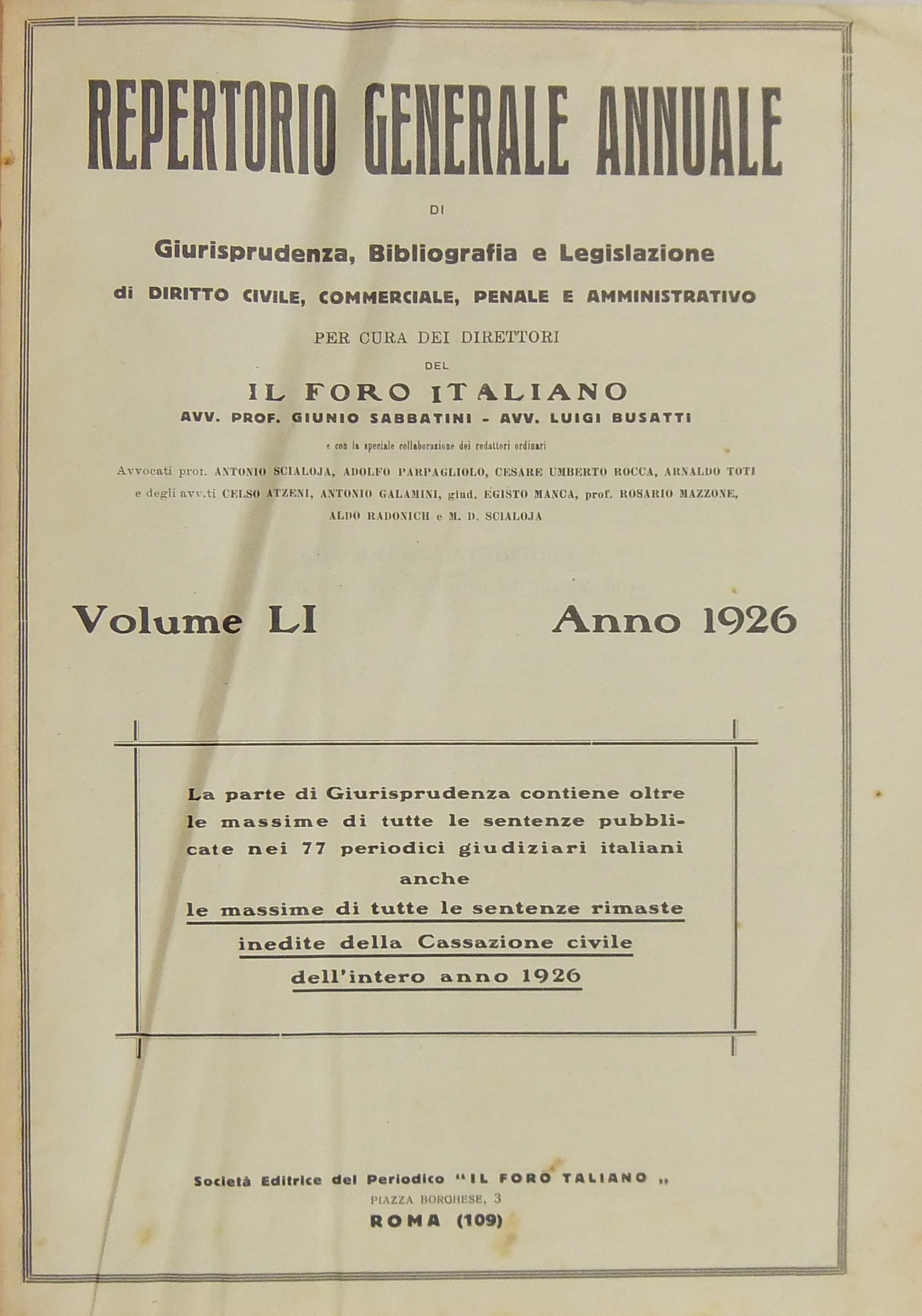 Repertorio Generale Annuale del Foro Italiano. Vol. LI - Anno 1926