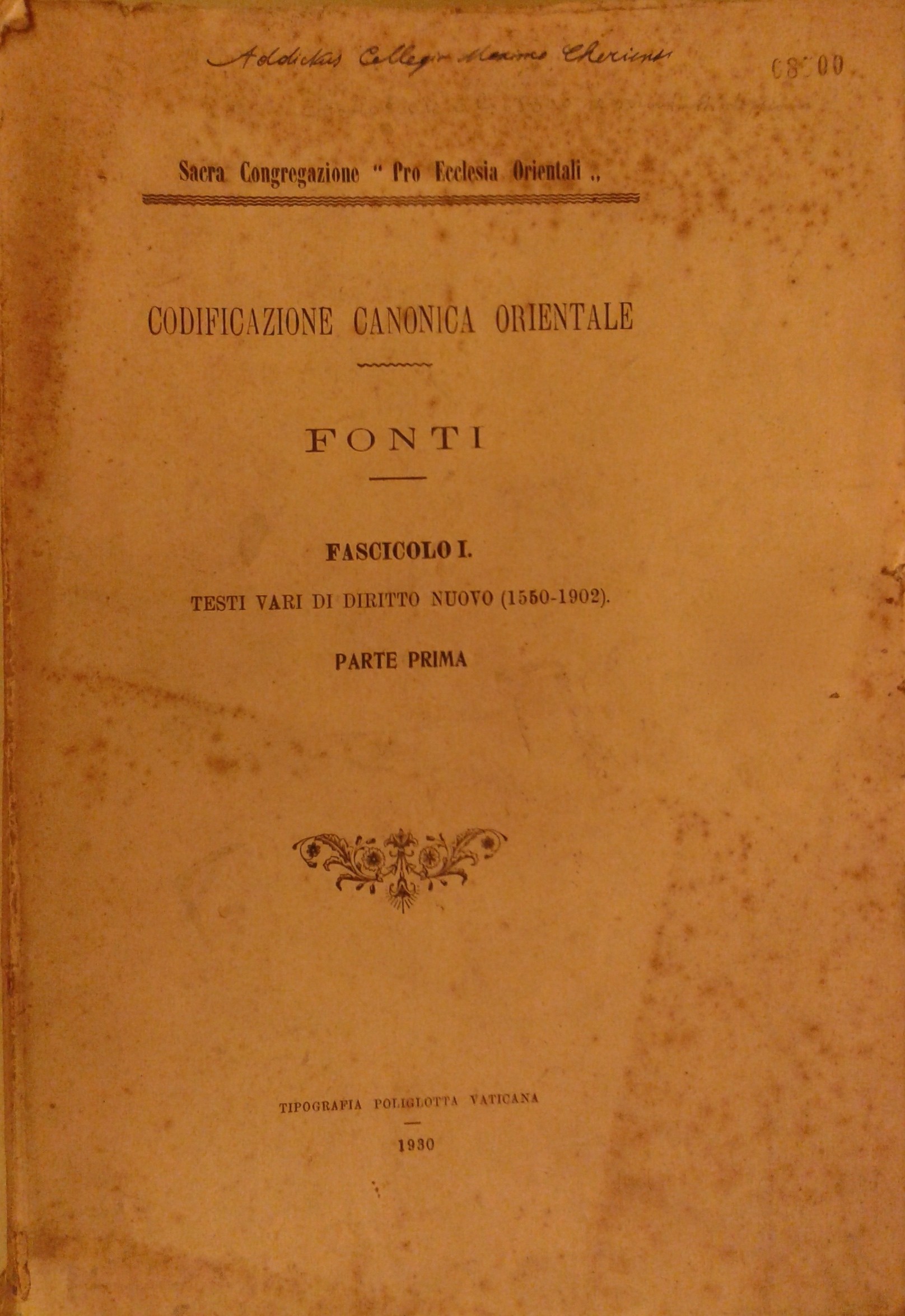 Codificazione canonica orientale. Fonti. 