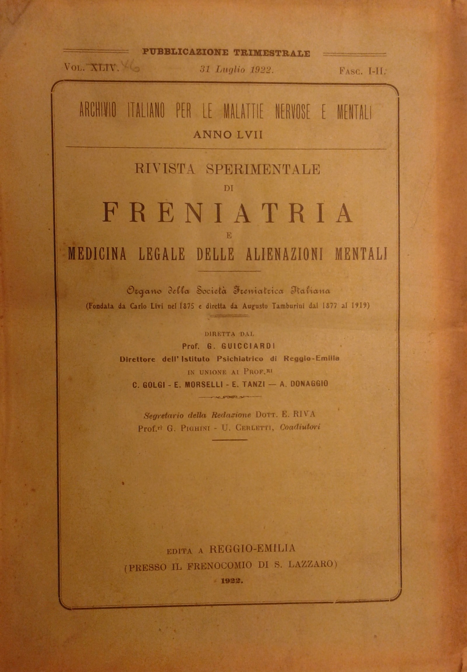 Rivista sperimentale di freniatria e di medicina legale delle alienazioni mentali.
