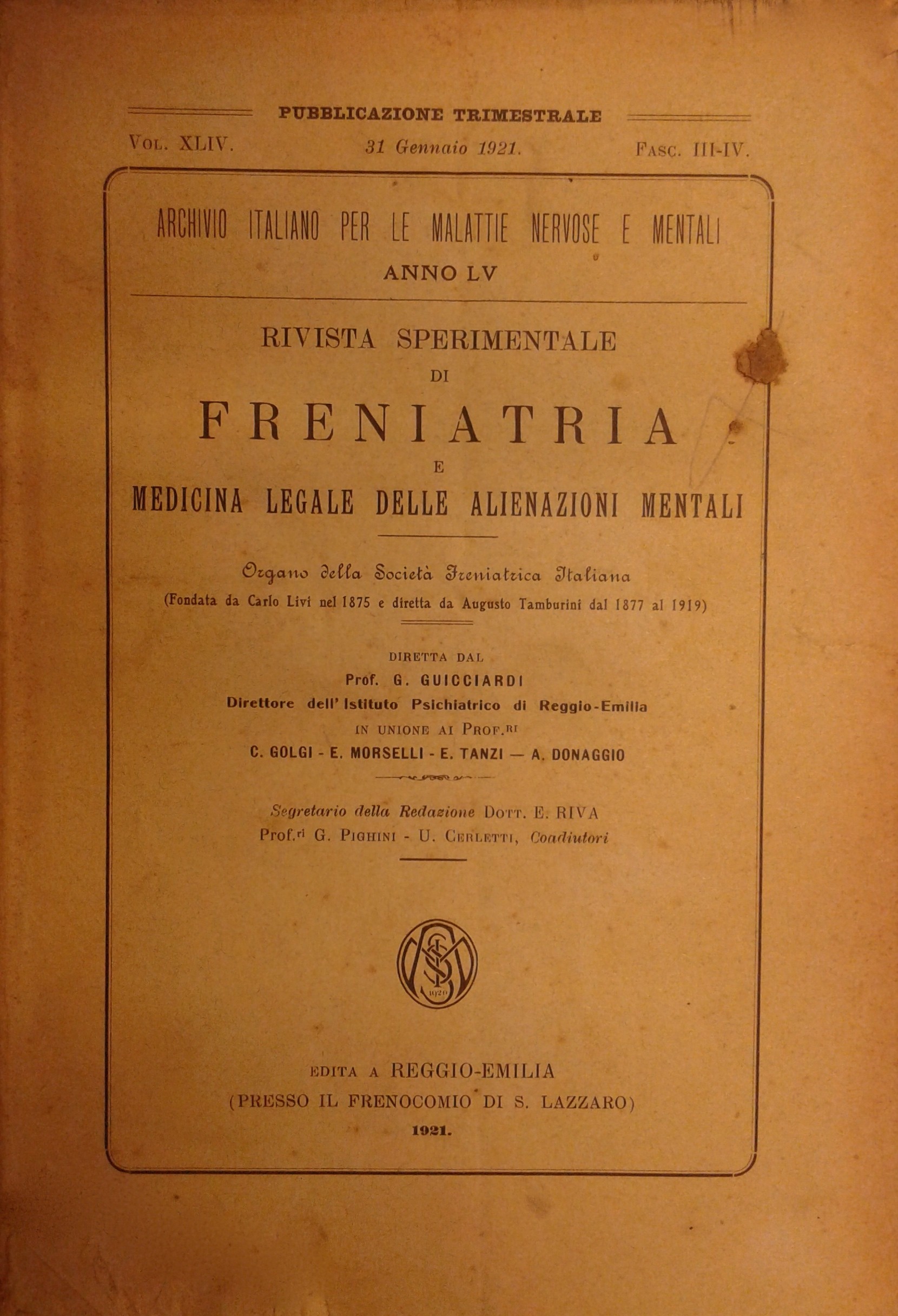 Rivista sperimentale di freniatria e di medicina legale delle alienazioni mentali.
