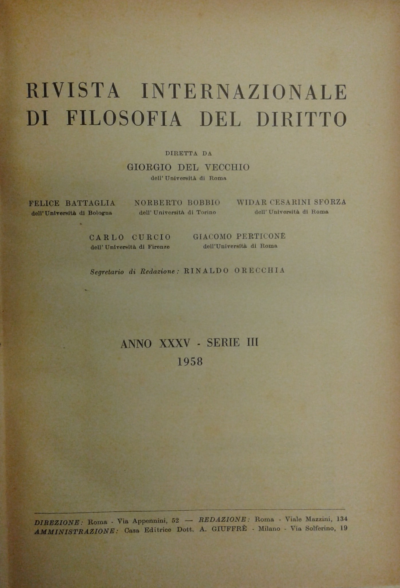 Rivista Internazionale di Filosofia del Diritto. Diretta da G. Del Vecchio